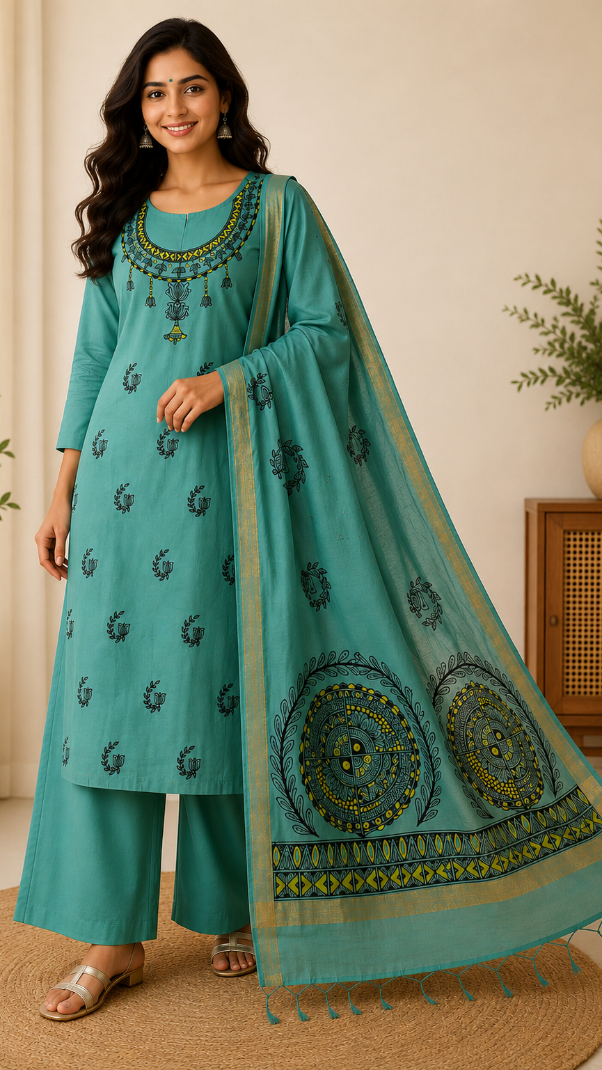 Sea Green Katan Cotton Madhubani Hand-Painted Suit Set (3 Pc Unstitched)