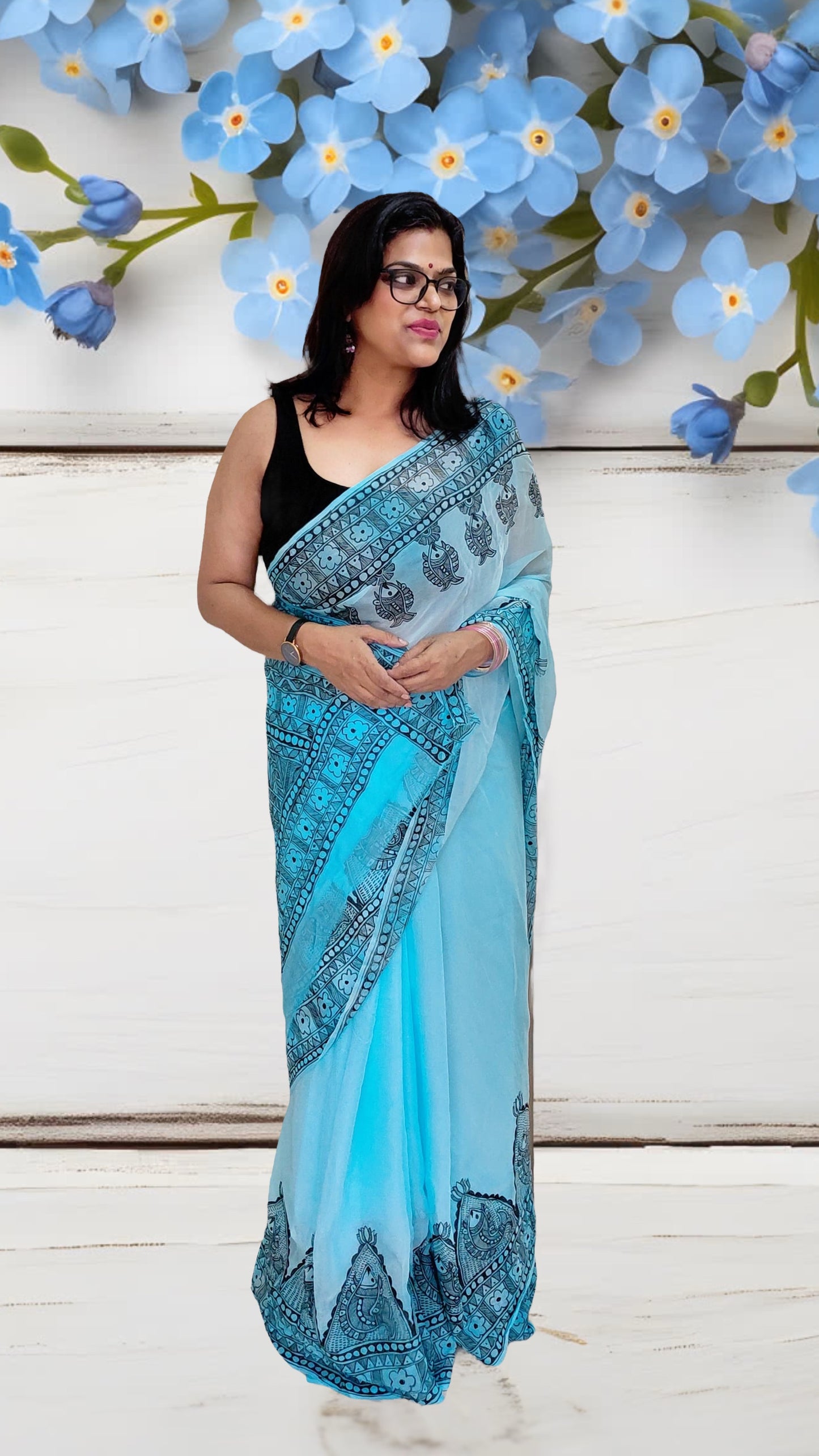 Sky Blue Ombre Pure Chiffon Silk Hand-Painted Madhubani Matsya Saree front view