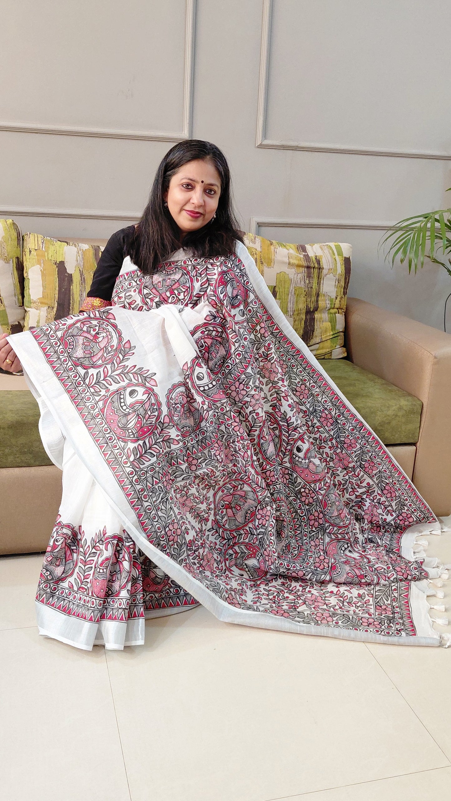 Soft white linen cotton hand painted madhubani saree