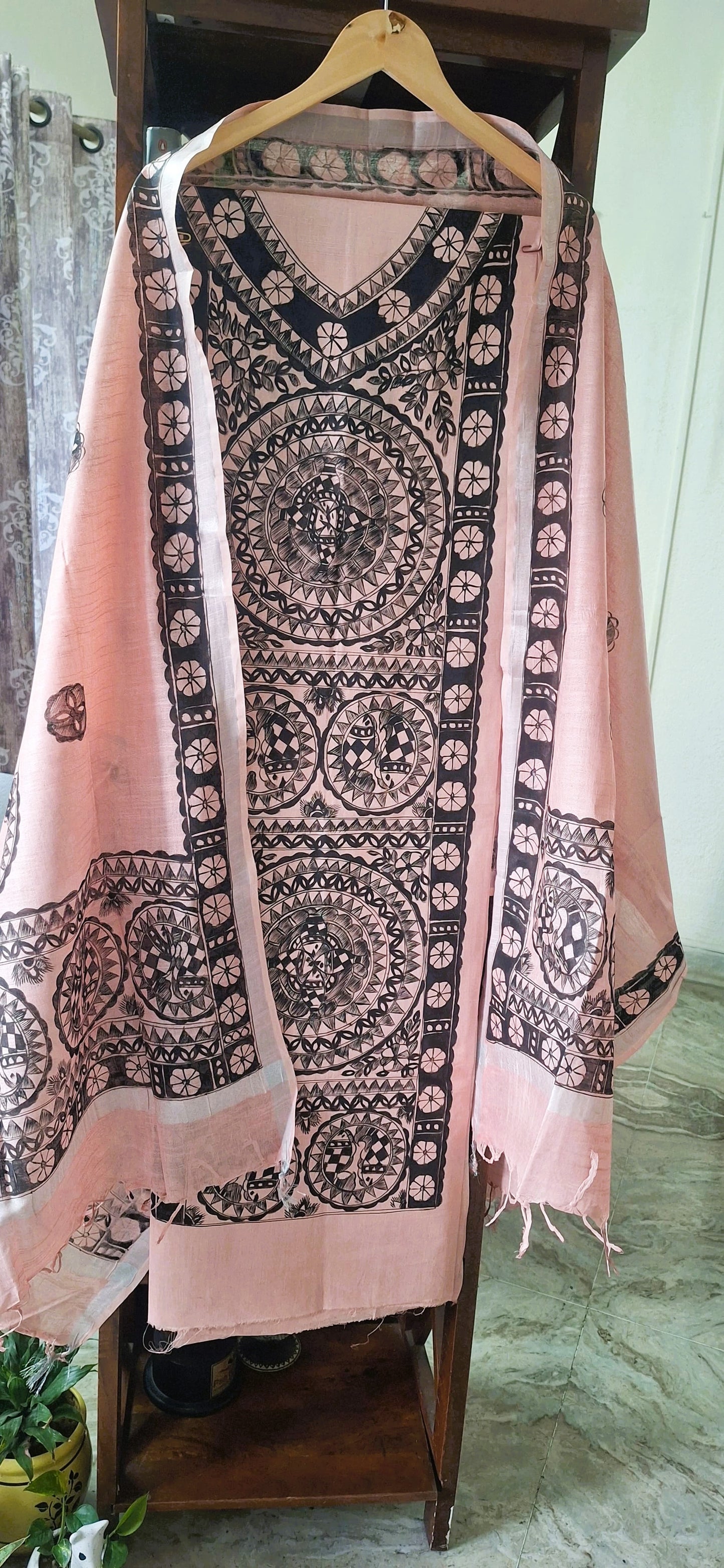 Hand-Painted Madhubani Cotton Suit Set – Blush Pink | 3-Piece Unstitched