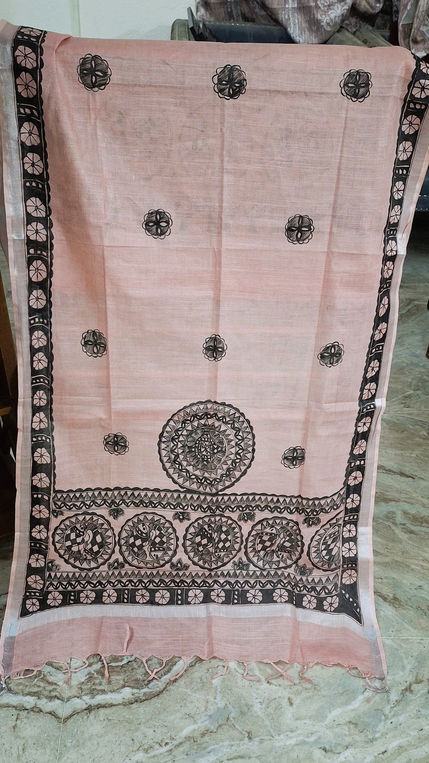 Hand-painted blush pink dupatta with black Madhubani circular motifs and border
