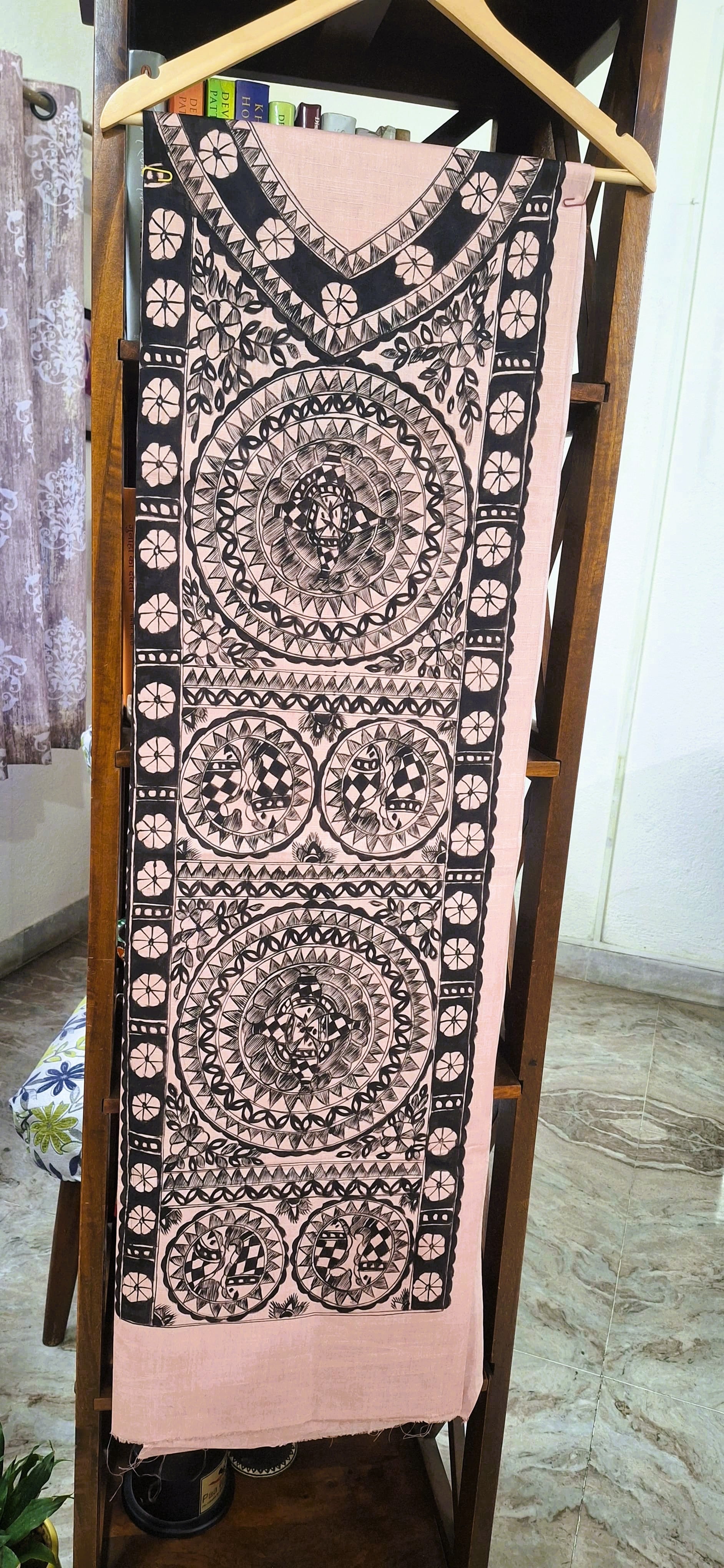Unstitched kurta fabric with bold circular Madhubani panel design in black on blush pink