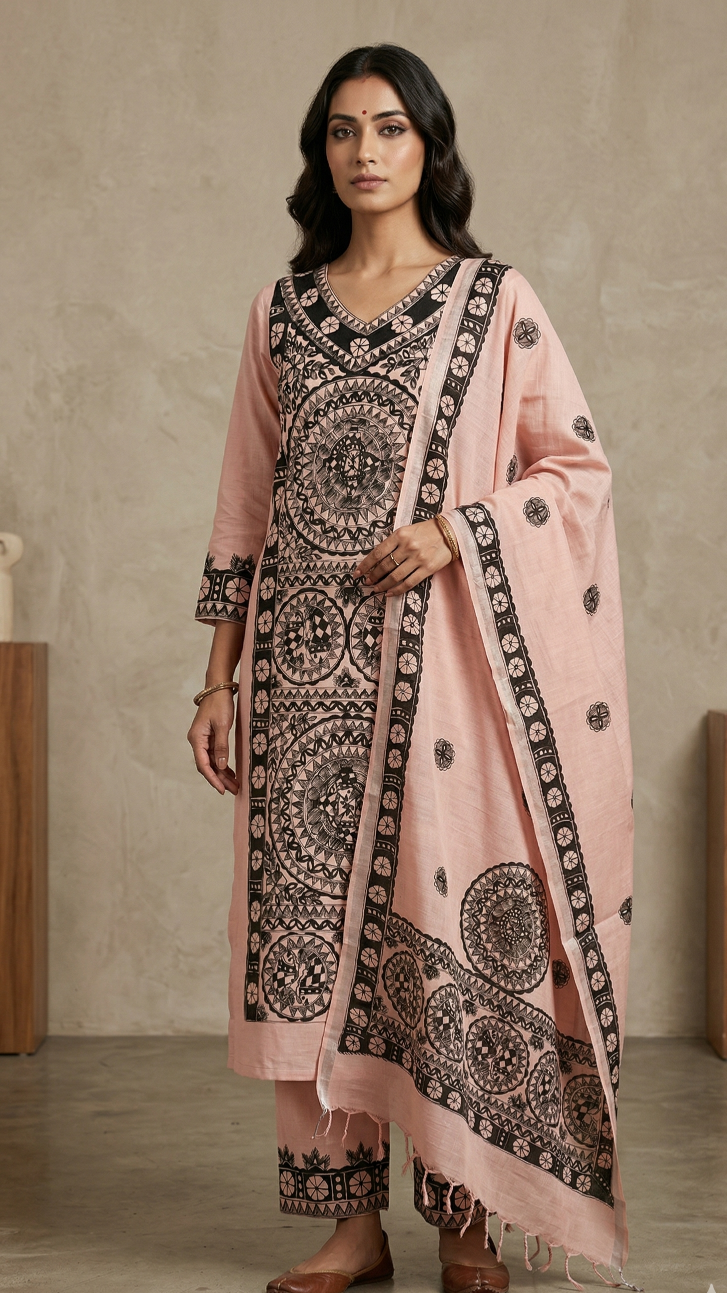 Hand-painted blush pink Madhubani suit set front view with black artwork