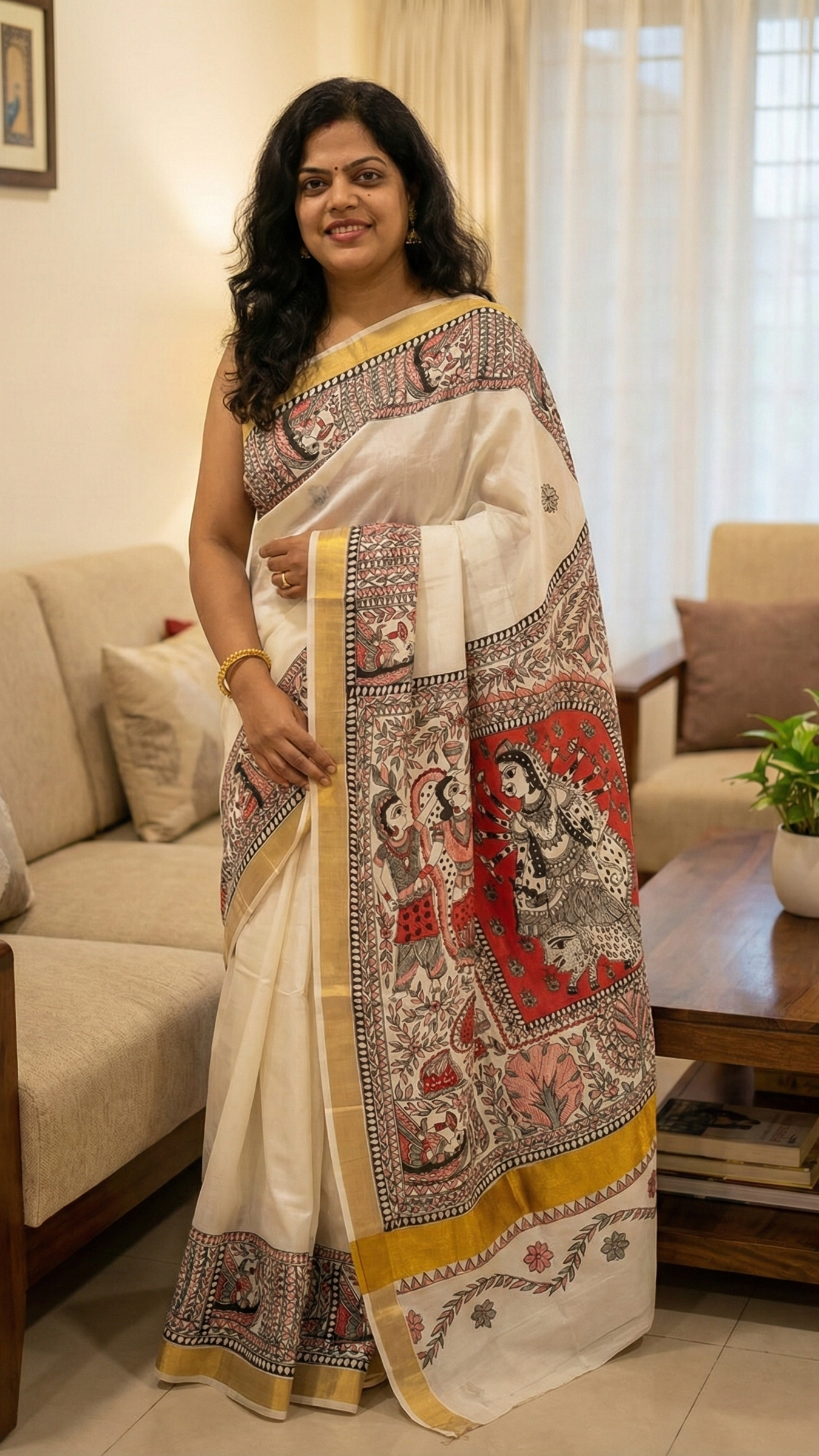 Ivory Kasavu Cotton Madhubani Saree | Rangika Studio