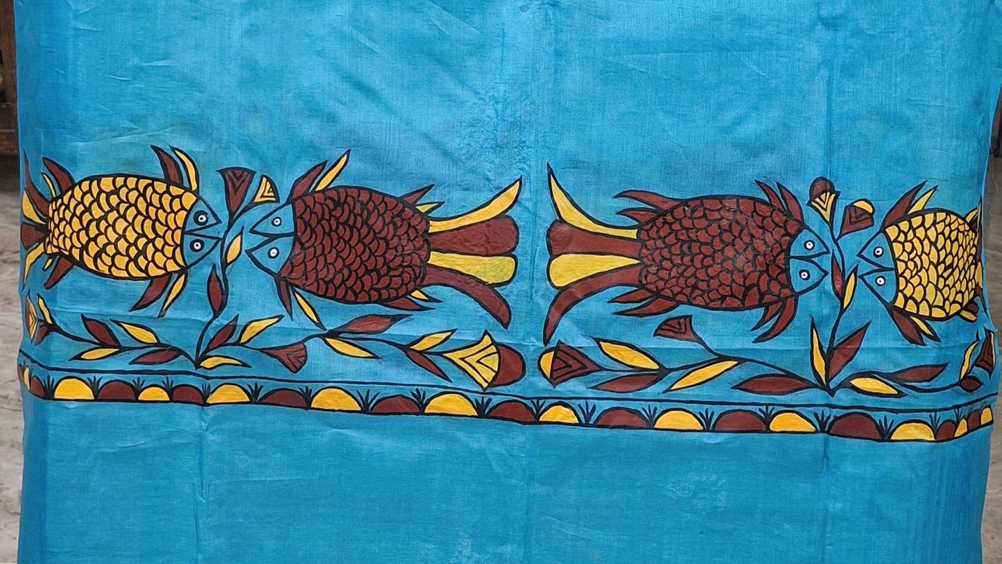 Hand-Painted Sohrai Art Pure Tussar Silk Dupatta – Twin Fish Motif in Azure Blue
