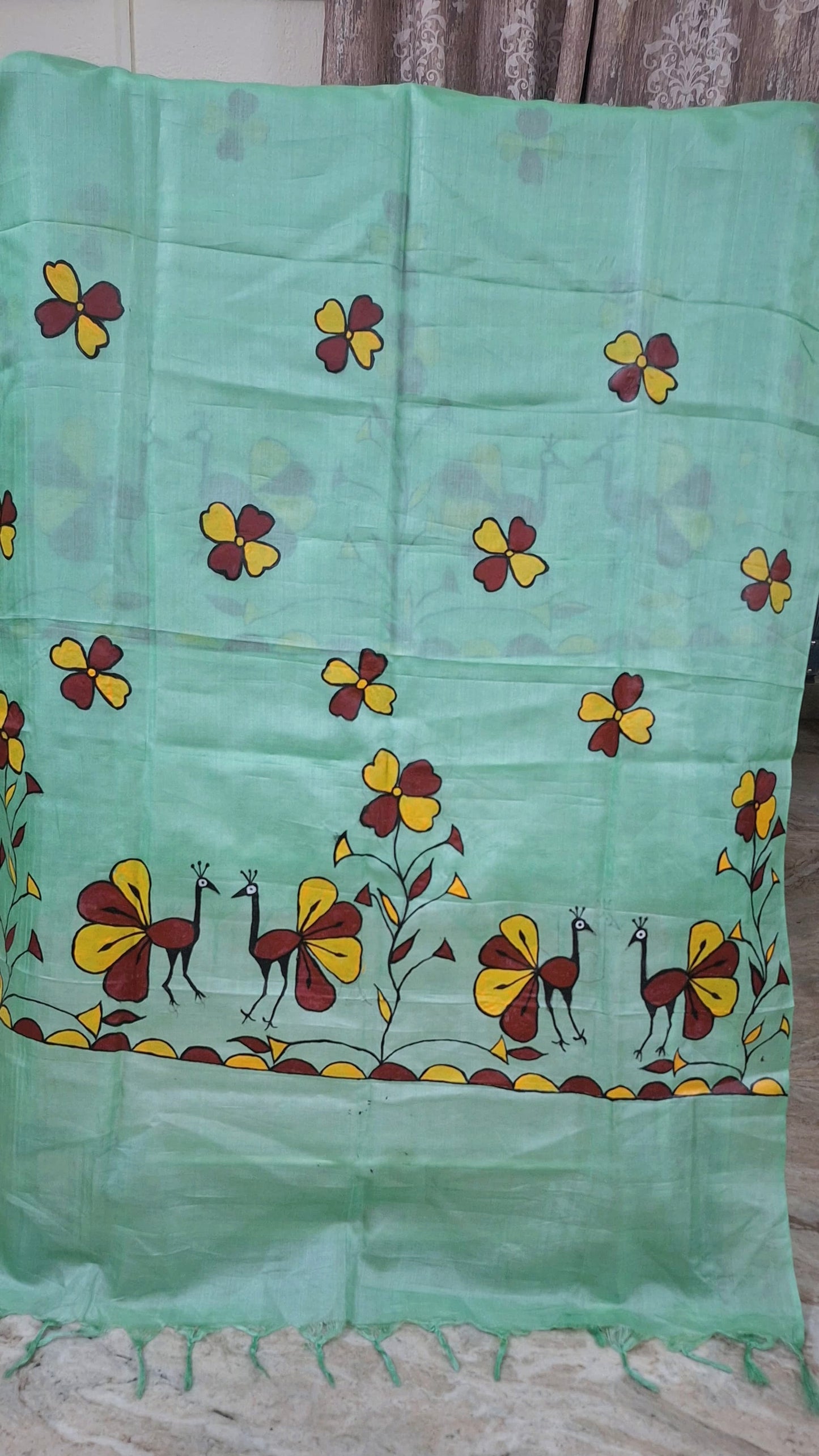 Hand-Painted Sohrai Art Pure Tussar Silk Dupatta – Floral Bird Motif in Mint Green