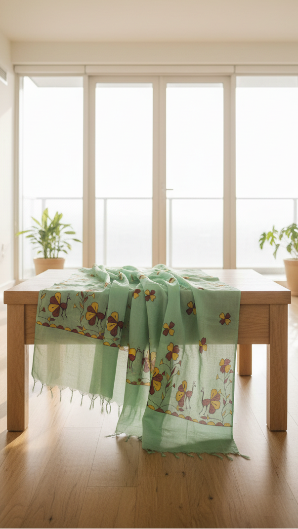 Hand-Painted Sohrai Art Pure Tussar Silk Dupatta – Floral Bird Motif in Mint Green
