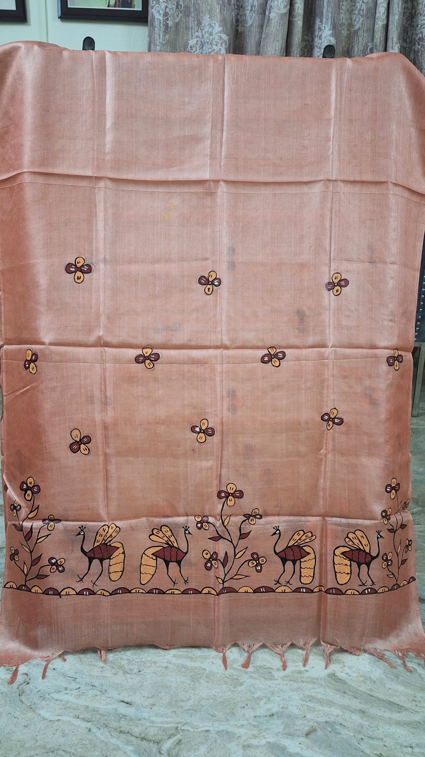 Hand-Painted Sohrai Art Pure Tussar Silk Dupatta – Peacock Floral Border in Peach Beige