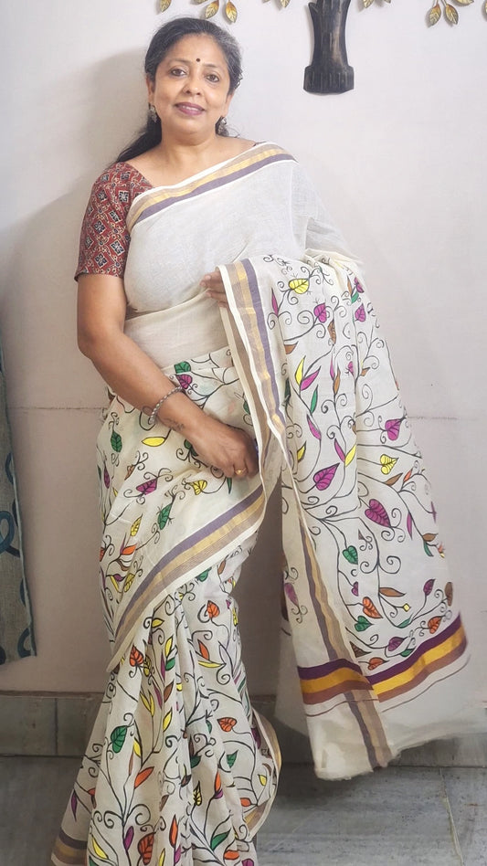 Sohrai hand painted Kerala cotton saree with Tree of Life artwork
