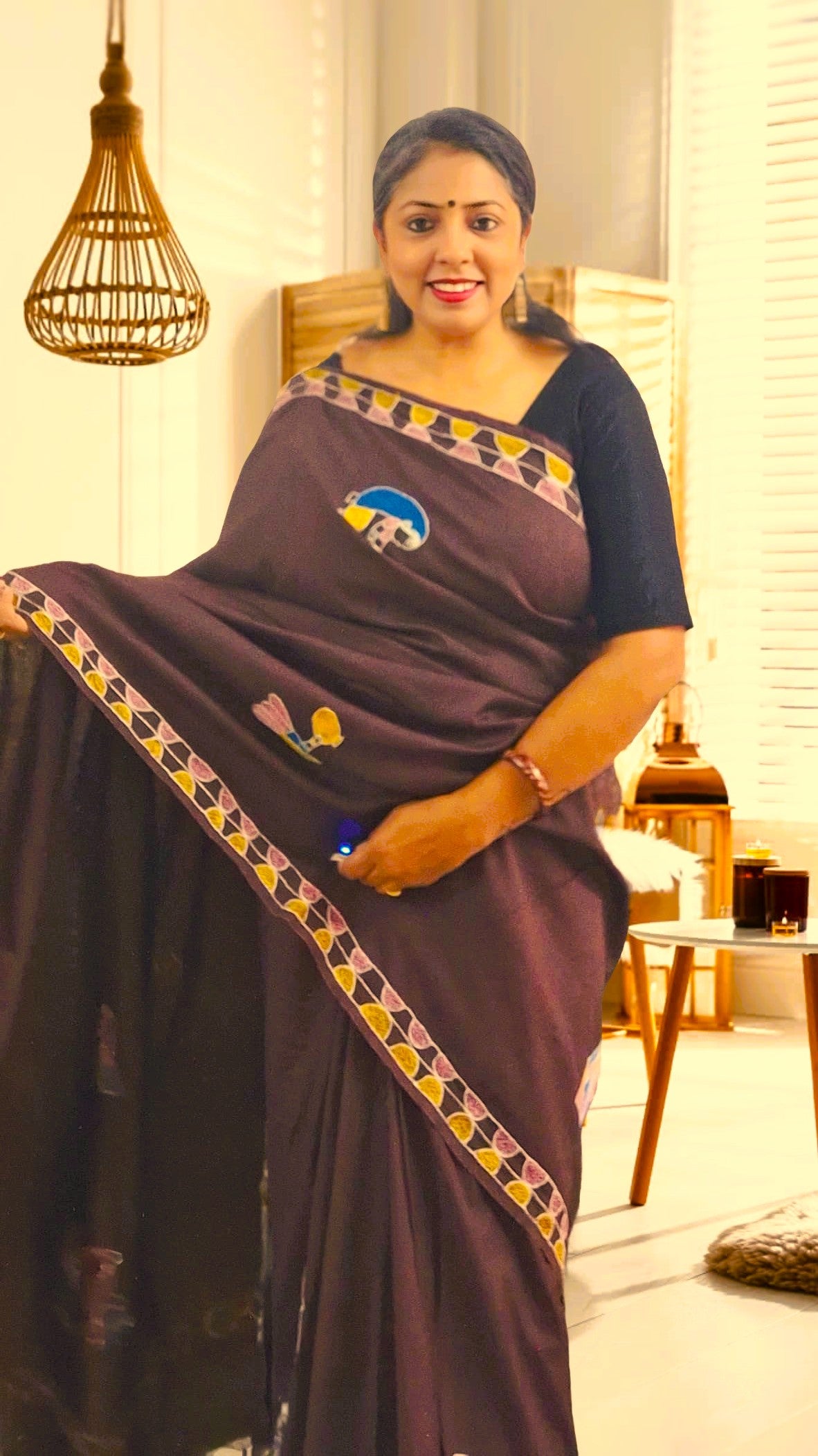 Hand embroidered Sujni Art saree with traditional rural motifs on Katan silk