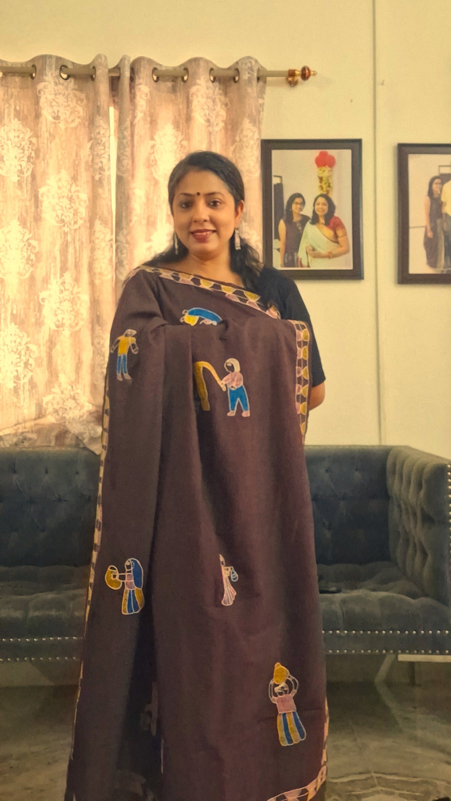 Katan silk saree with authentic Bihar Sujni embroidery by Rangika Studio