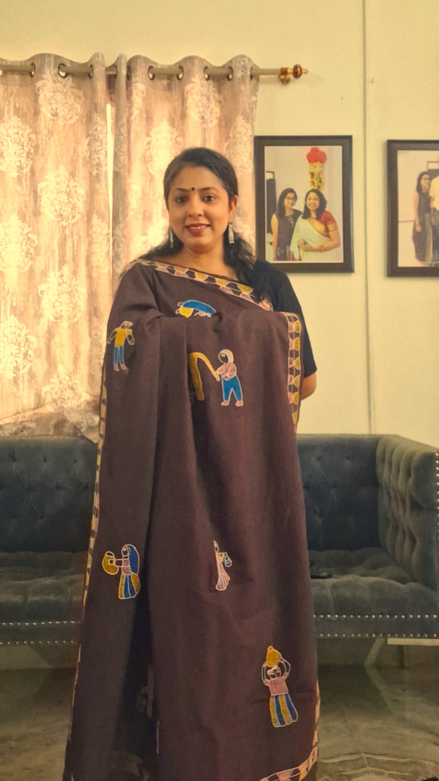 Katan silk saree with authentic Bihar Sujni embroidery by Rangika Studio