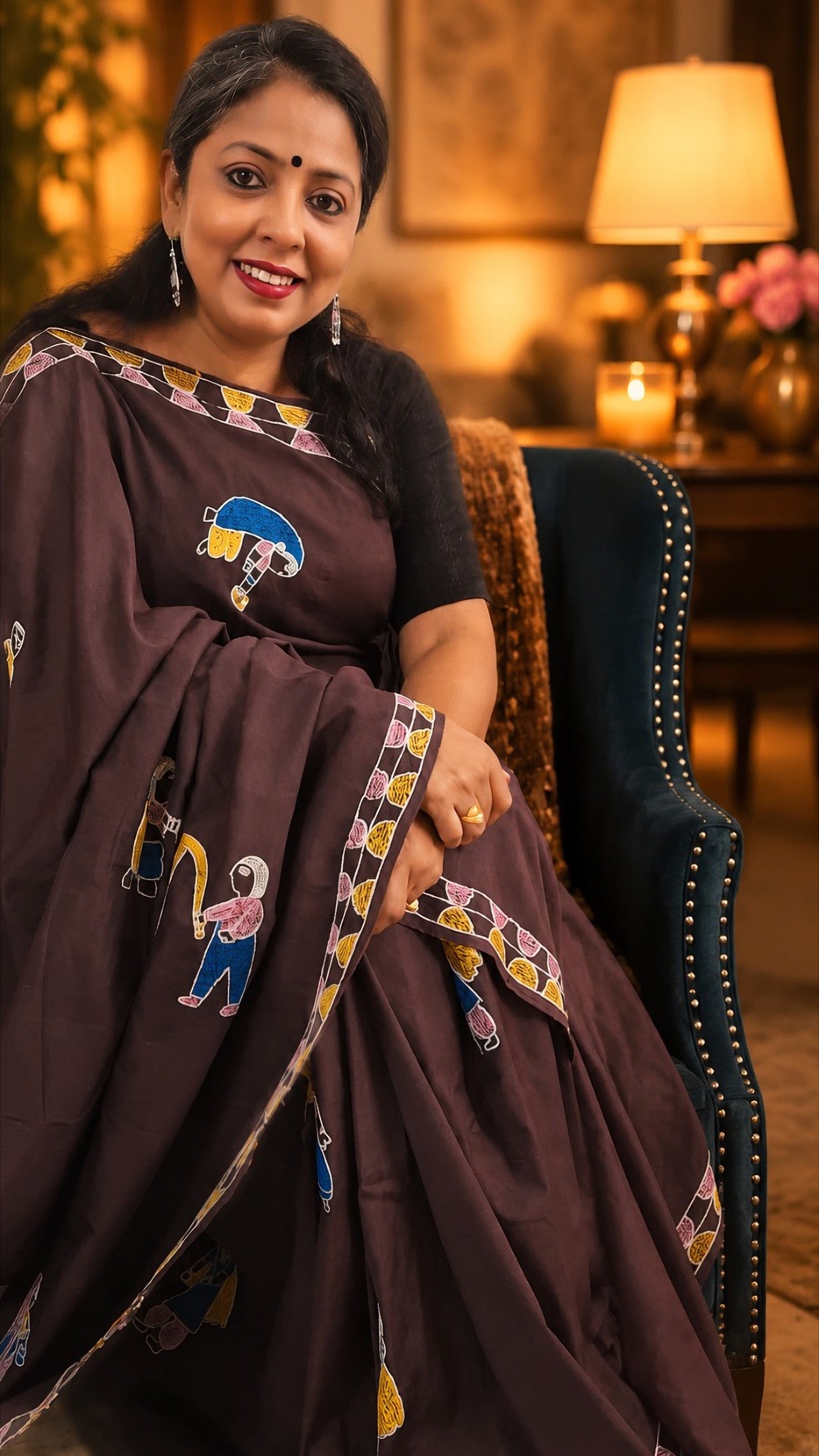 Sujni embroidered village life Katan silk saree in deep coffee brown displayed by model