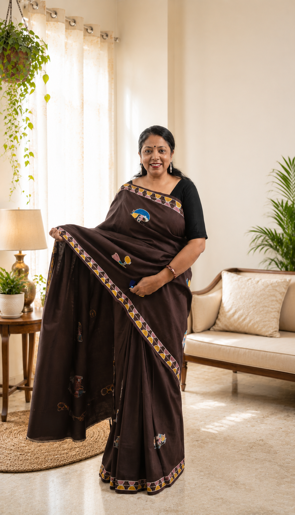 Sujni Embroidered Village Life Katan Silk Saree | Rangika Studio