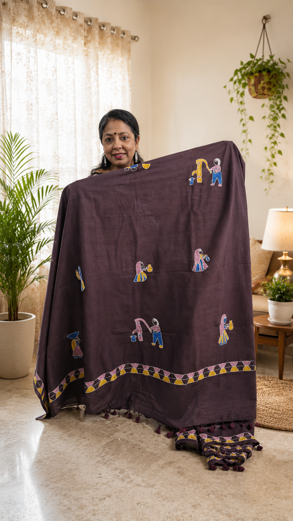 Sujni Embroidered Village Life Katan Silk Saree | Rangika Studio