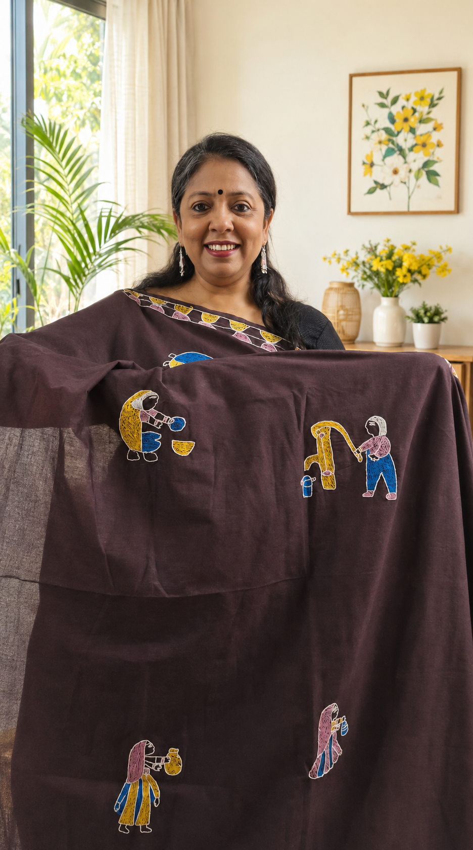 Sujni Embroidered Village Life Katan Silk Saree | Rangika Studio
