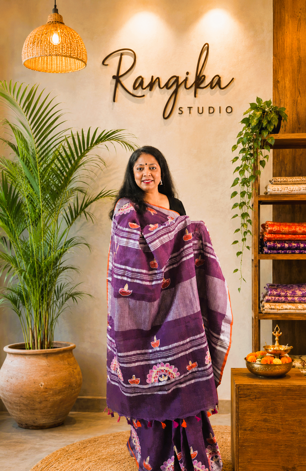 Sujni Embroidered Diya Linen Saree in Royal Purple | Rangika Studio