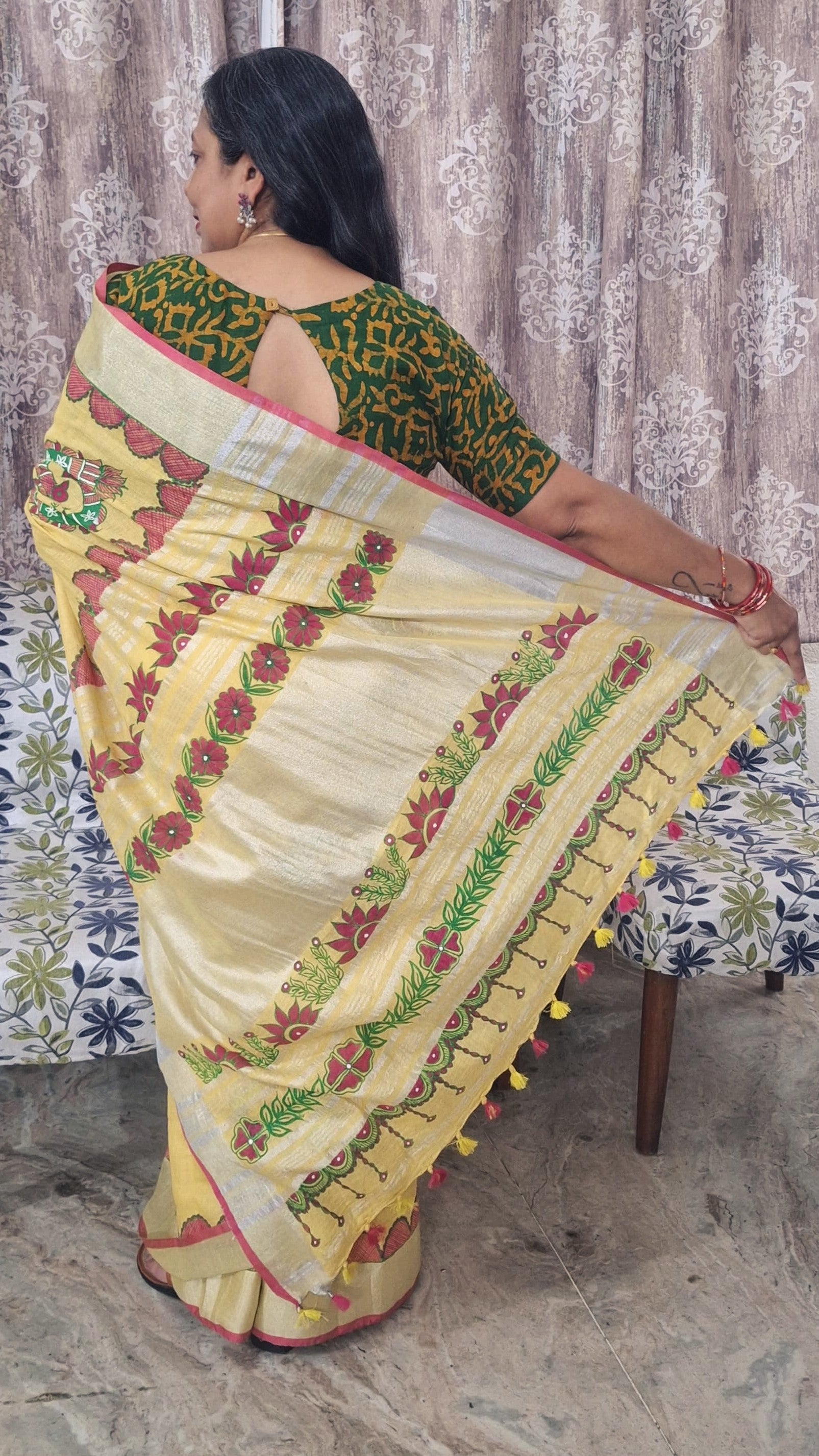 madhubani hand painted linen saree Back drape view showing full pallu and tassels