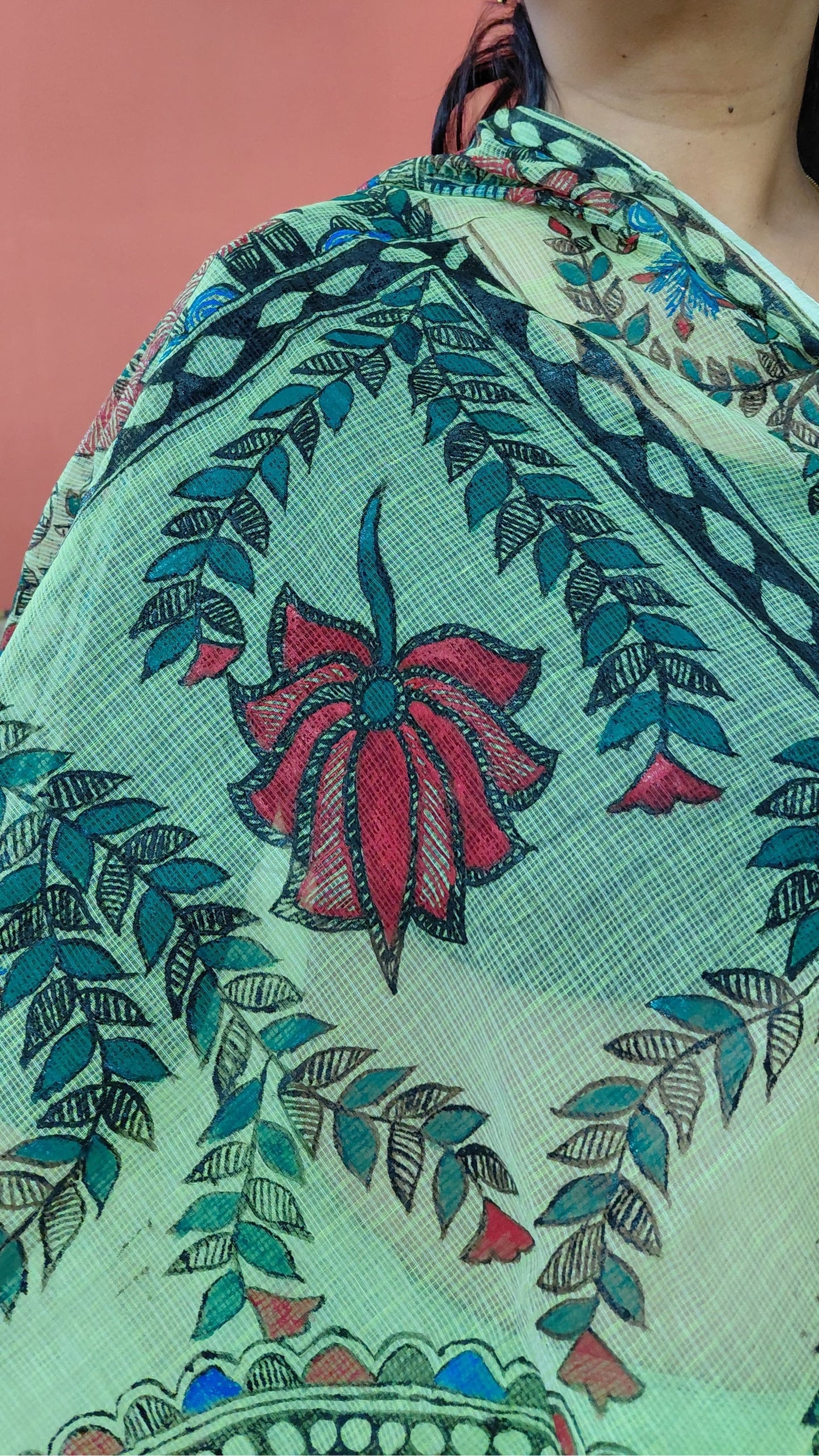 Traditional Mithila art saree with elephant and lotus designs
