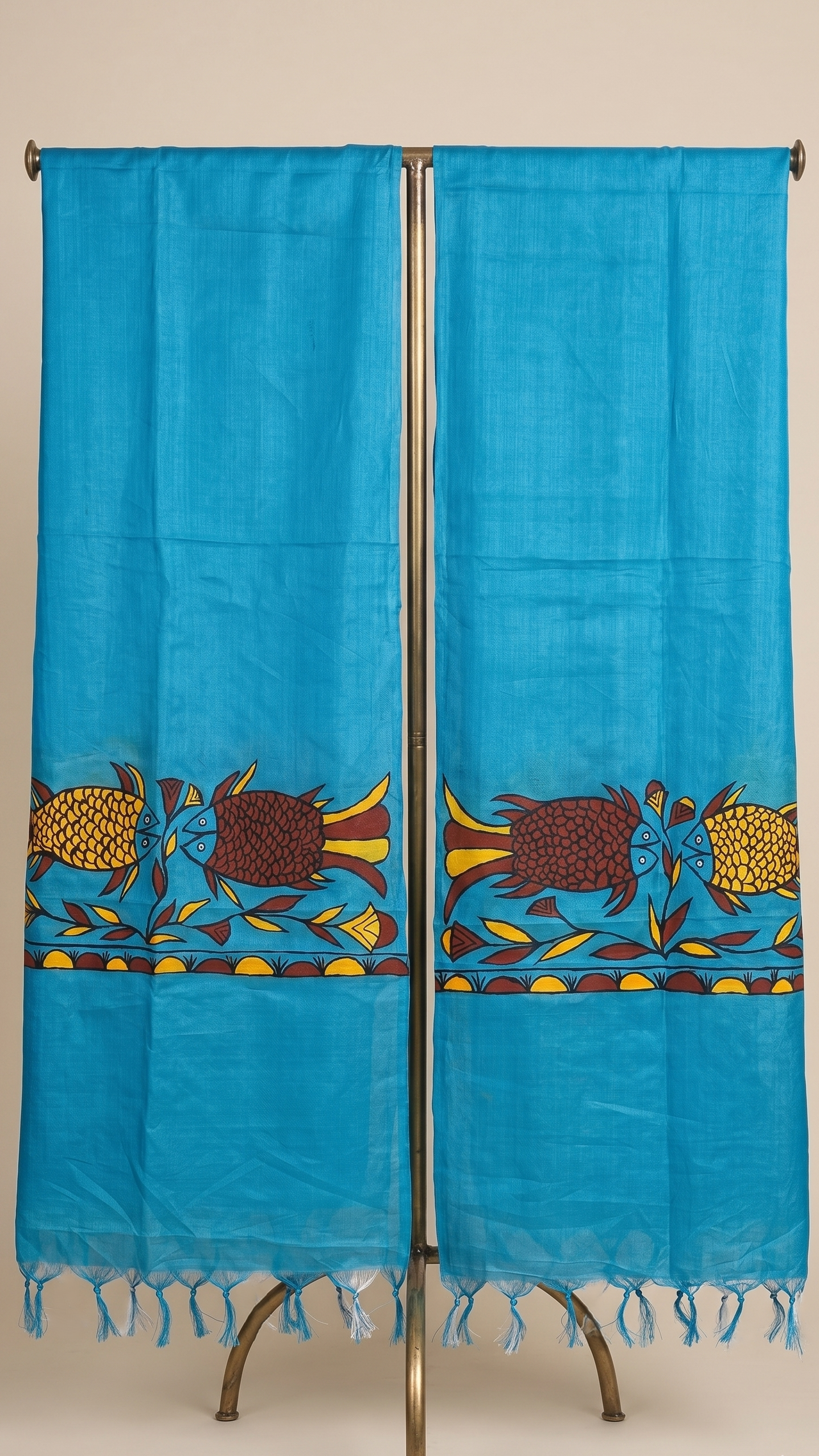 Hand-Painted Sohrai Art Pure Tussar Silk Dupatta – Twin Fish Motif in Azure Blue