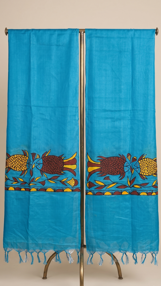 Hand-Painted Sohrai Art Pure Tussar Silk Dupatta – Twin Fish Motif in Azure Blue