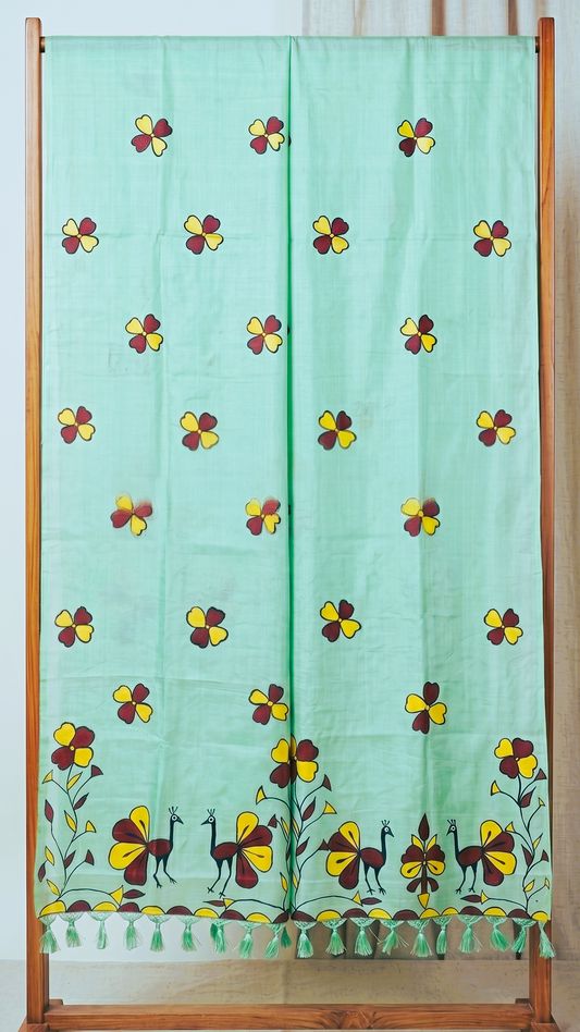 Hand-Painted Sohrai Art Pure Tussar Silk Dupatta – Floral Bird Motif in Mint Green