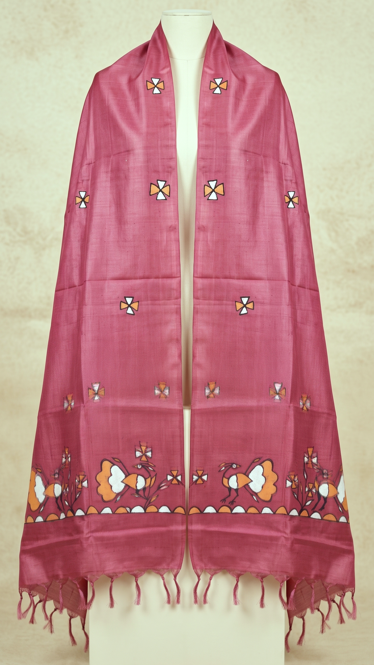 Hand-Painted Sohrai Art Pure Tussar Silk Dupatta – Folk Bird Border in Deep Rose Pink