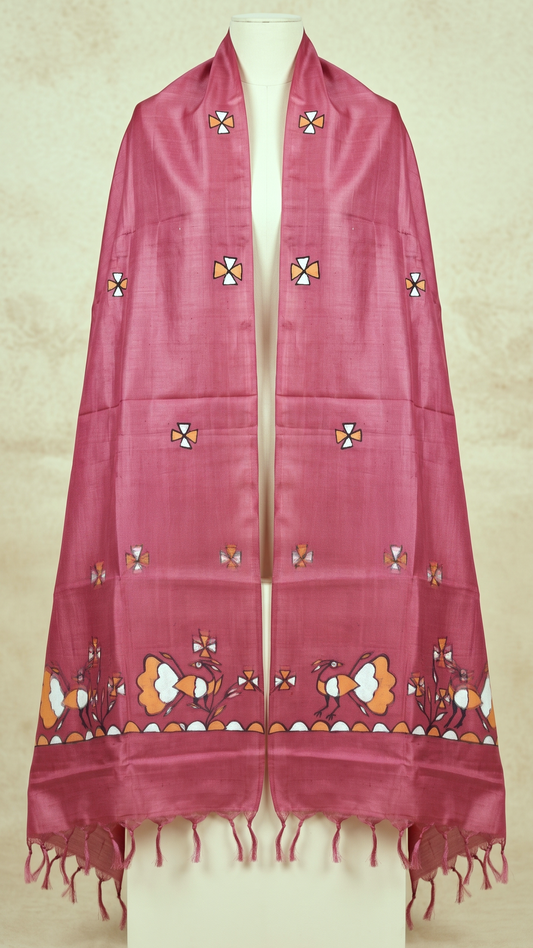 Hand-Painted Sohrai Art Pure Tussar Silk Dupatta – Folk Bird Border in Deep Rose Pink