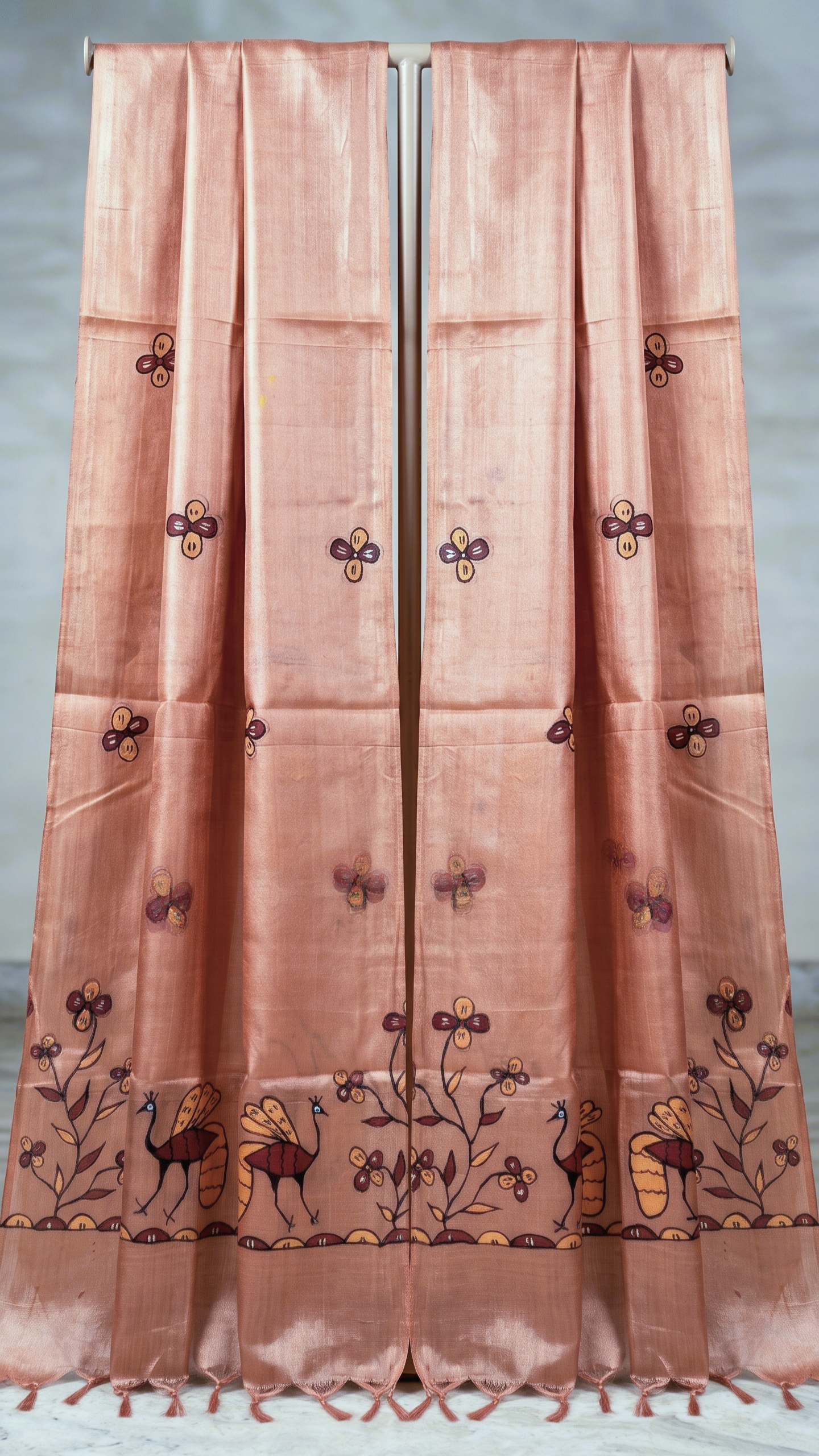 Hand-Painted Sohrai Art Pure Tussar Silk Dupatta – Peacock Floral Border in Peach Beige