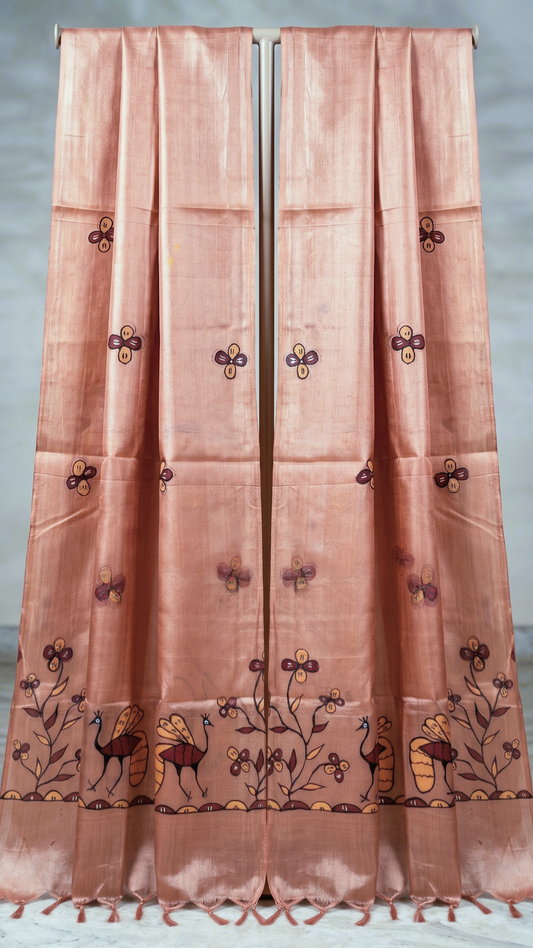 Hand-Painted Sohrai Art Pure Tussar Silk Dupatta – Peacock Floral Border in Peach Beige
