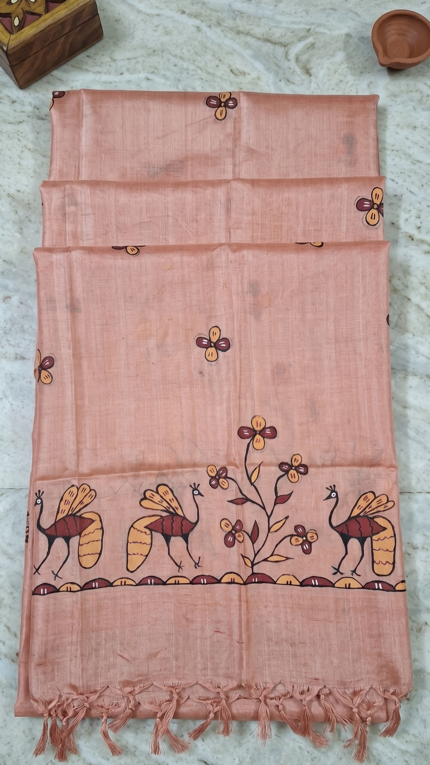 Hand-Painted Sohrai Art Pure Tussar Silk Dupatta – Peacock Floral Border in Peach Beige