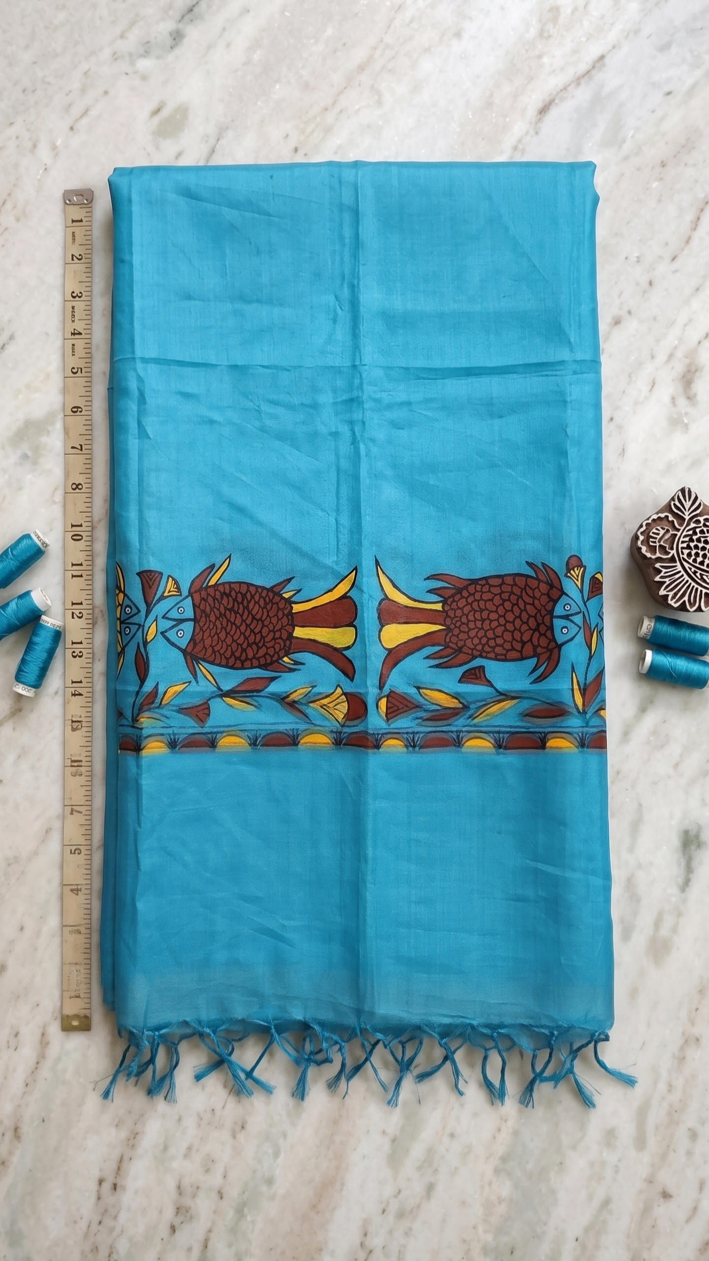 Hand-Painted Sohrai Art Pure Tussar Silk Dupatta – Twin Fish Motif in Azure Blue