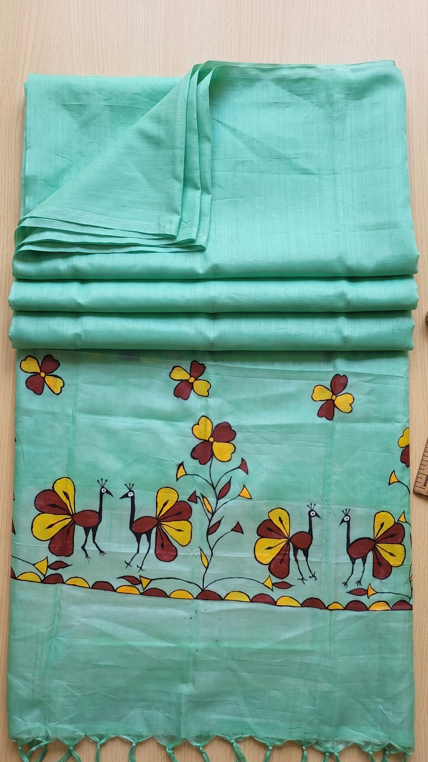 Hand-Painted Sohrai Art Pure Tussar Silk Dupatta – Floral Bird Motif in Mint Green