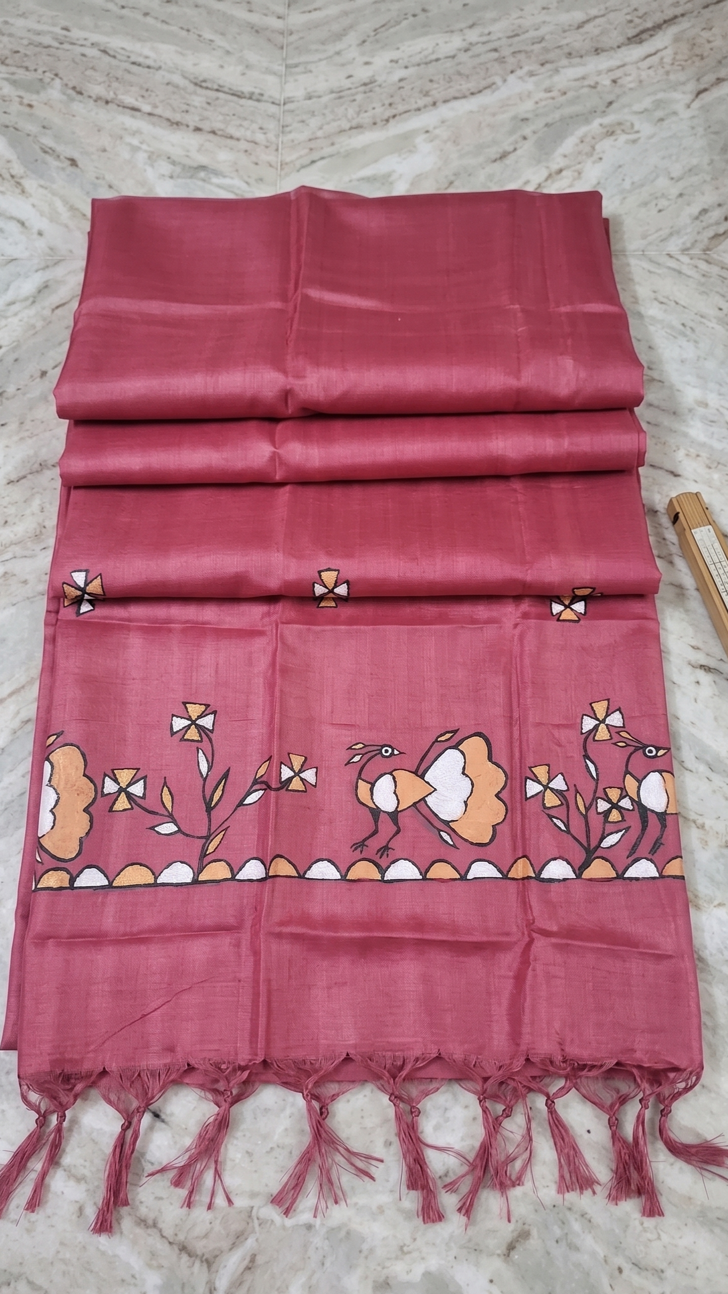 Hand-Painted Sohrai Art Pure Tussar Silk Dupatta – Folk Bird Border in Deep Rose Pink