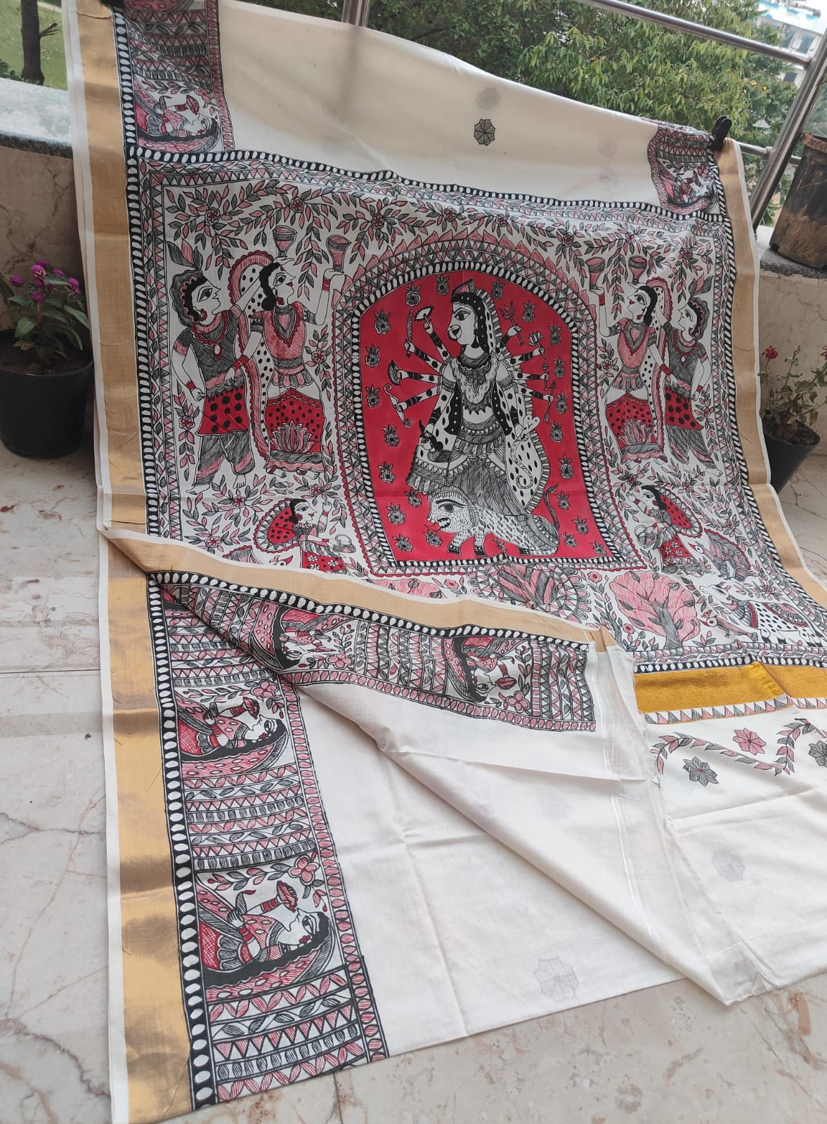 Ivory Kasavu Cotton Madhubani Saree | Rangika Studio