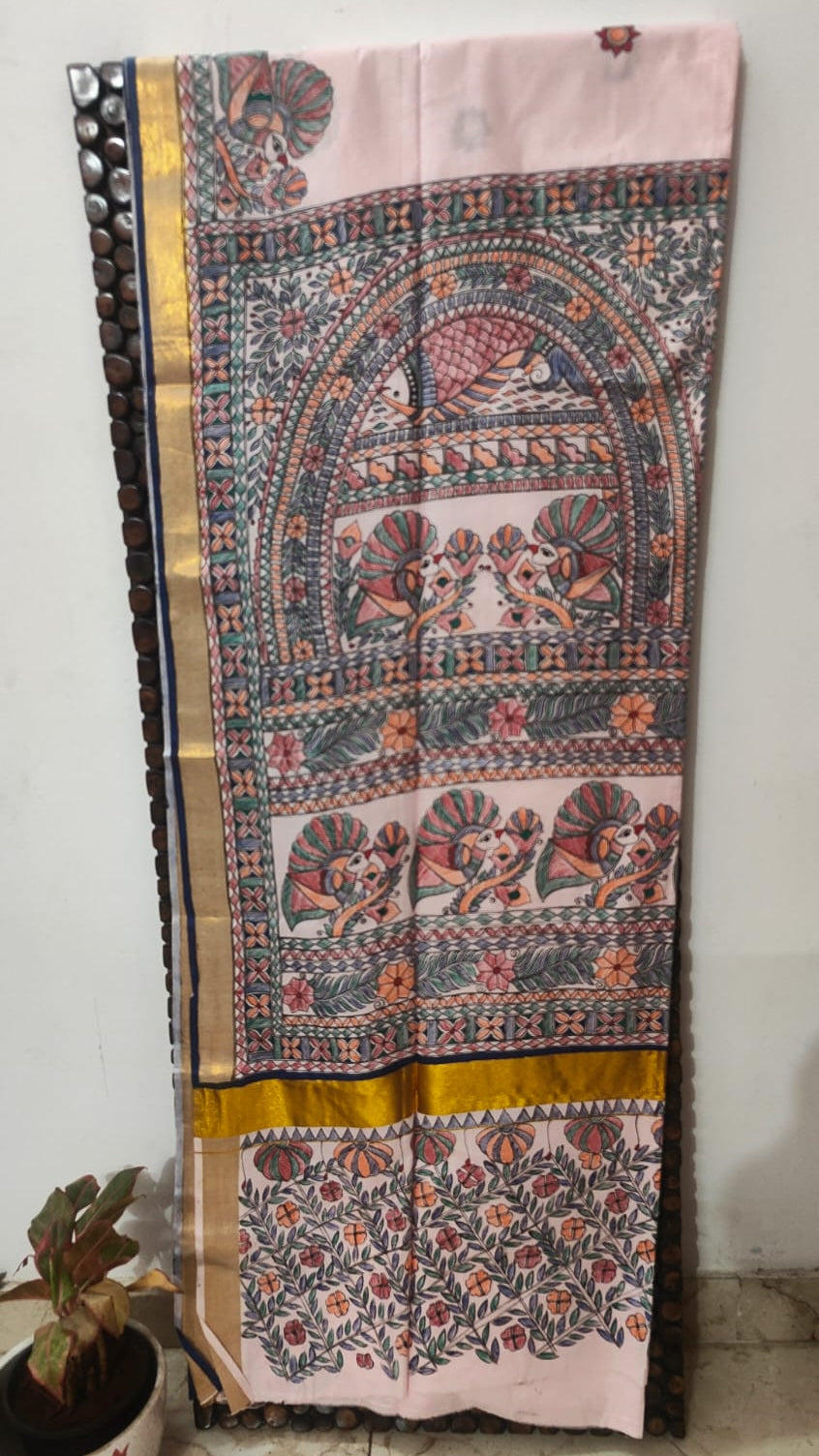 Soft Pink Kasavu Cotton Madhubani Saree