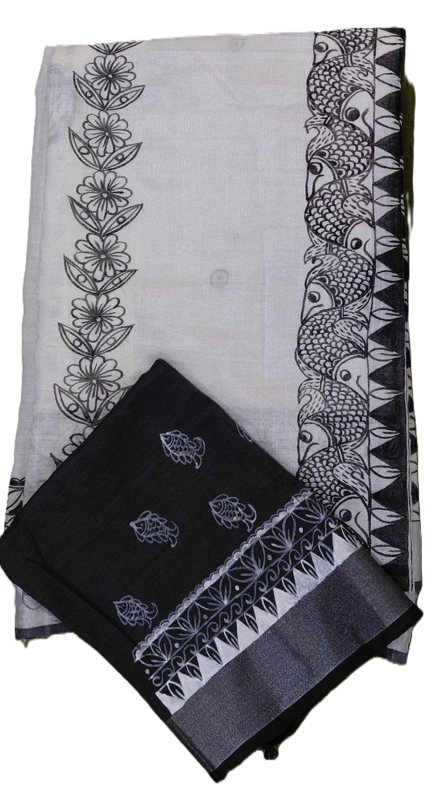 Folded saree and blouse set with contrast design madhubani painting