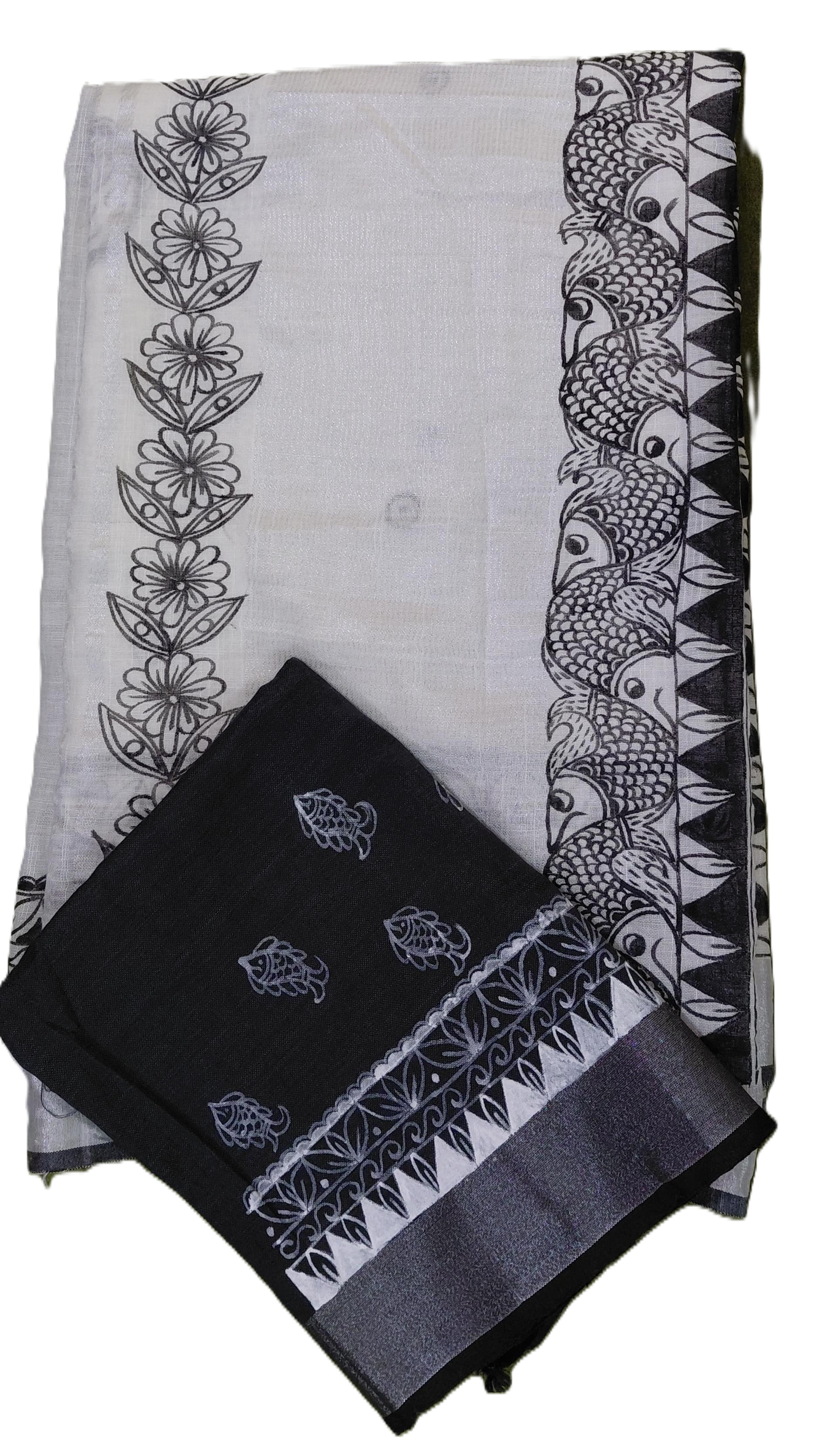 Folded saree and blouse set with contrast design madhubani painting