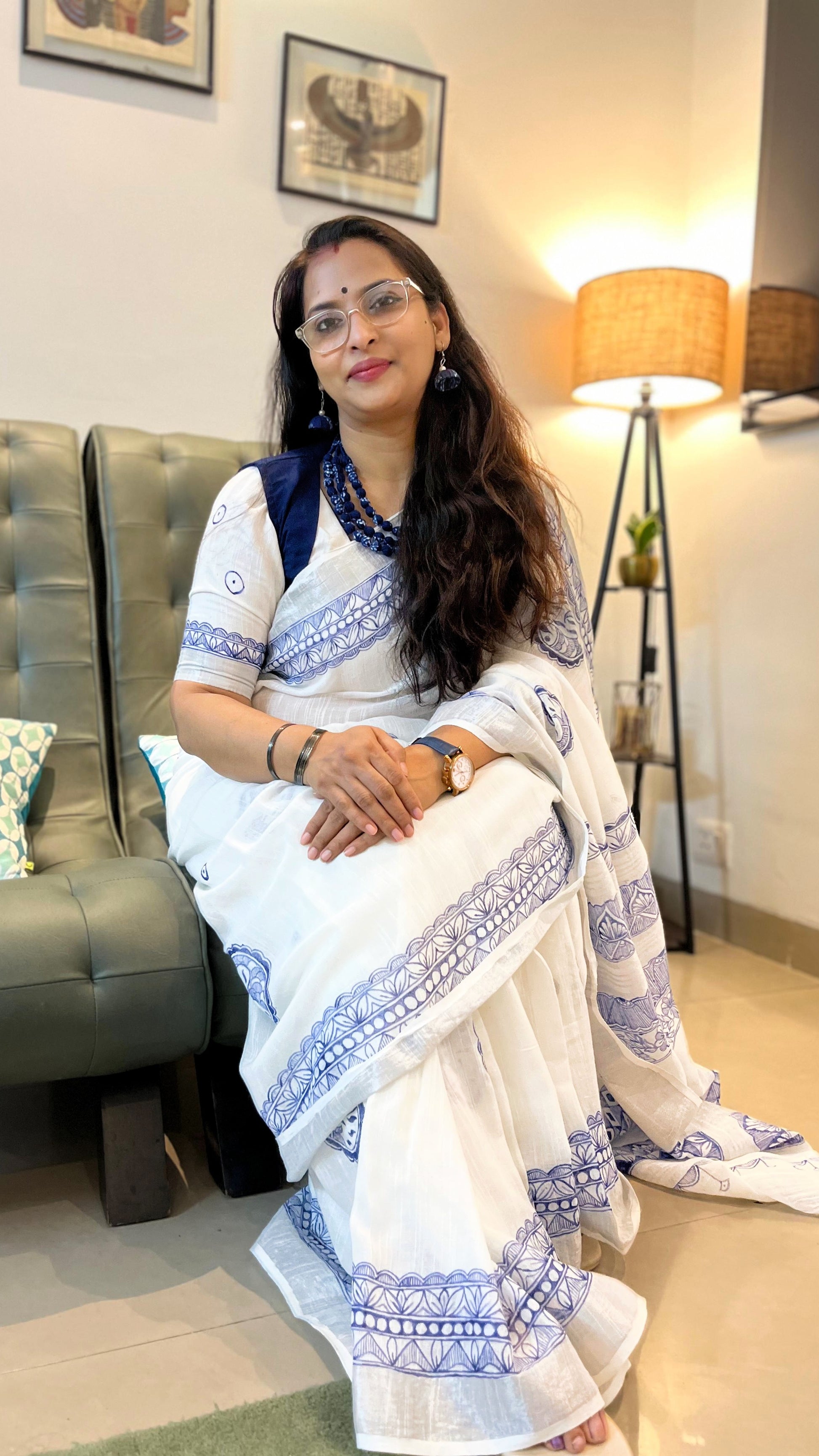 Hand painted Madhubani linen saree ivory indigo