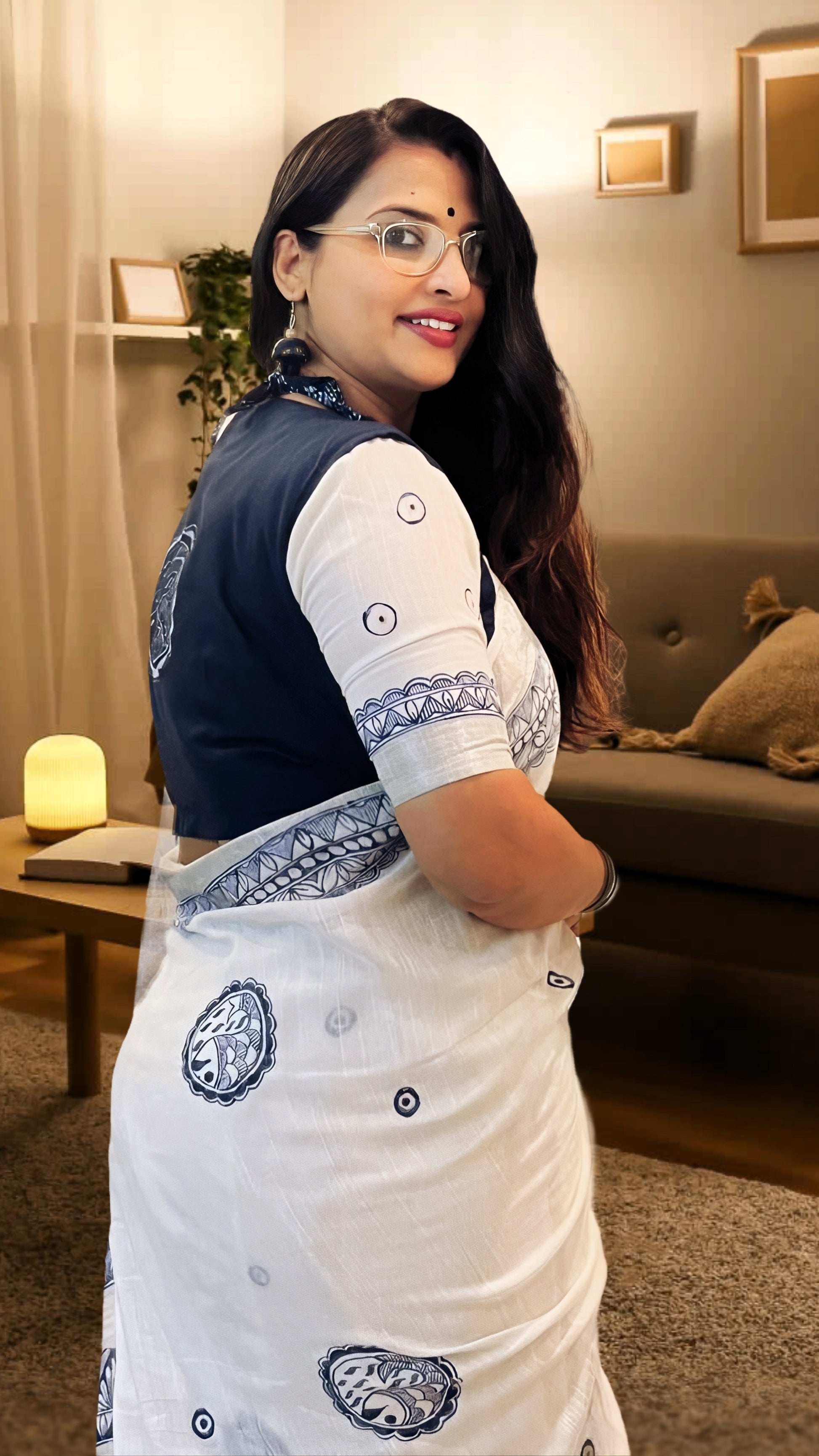 Madhubani saree online India linen ivory blue