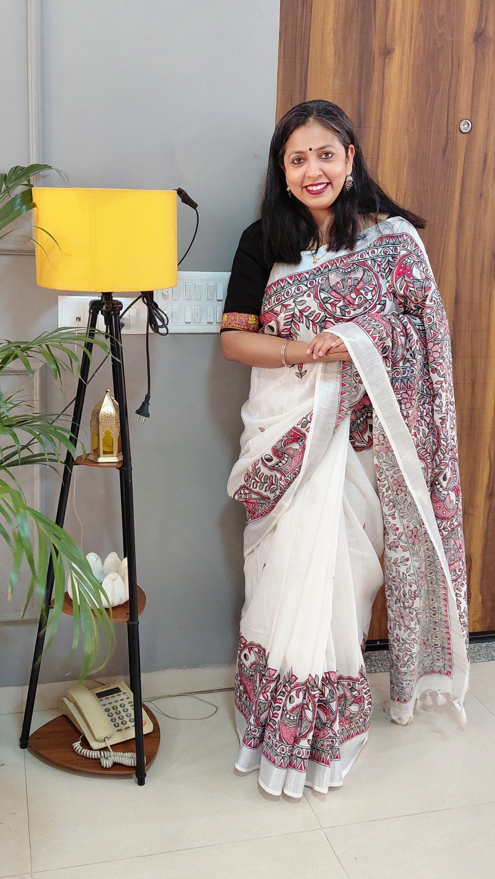 White Linen hand painted madhubani saree