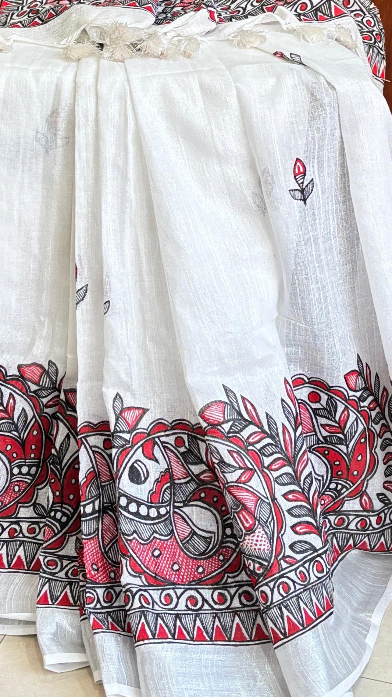 White Linen Madhubani Saree | Rangika Studio