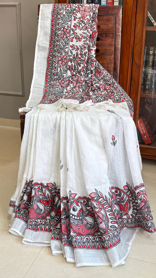 White Linen Cotton Saree with Blouse - Fish & Floral Motifs Hand Painted Madhubani Art