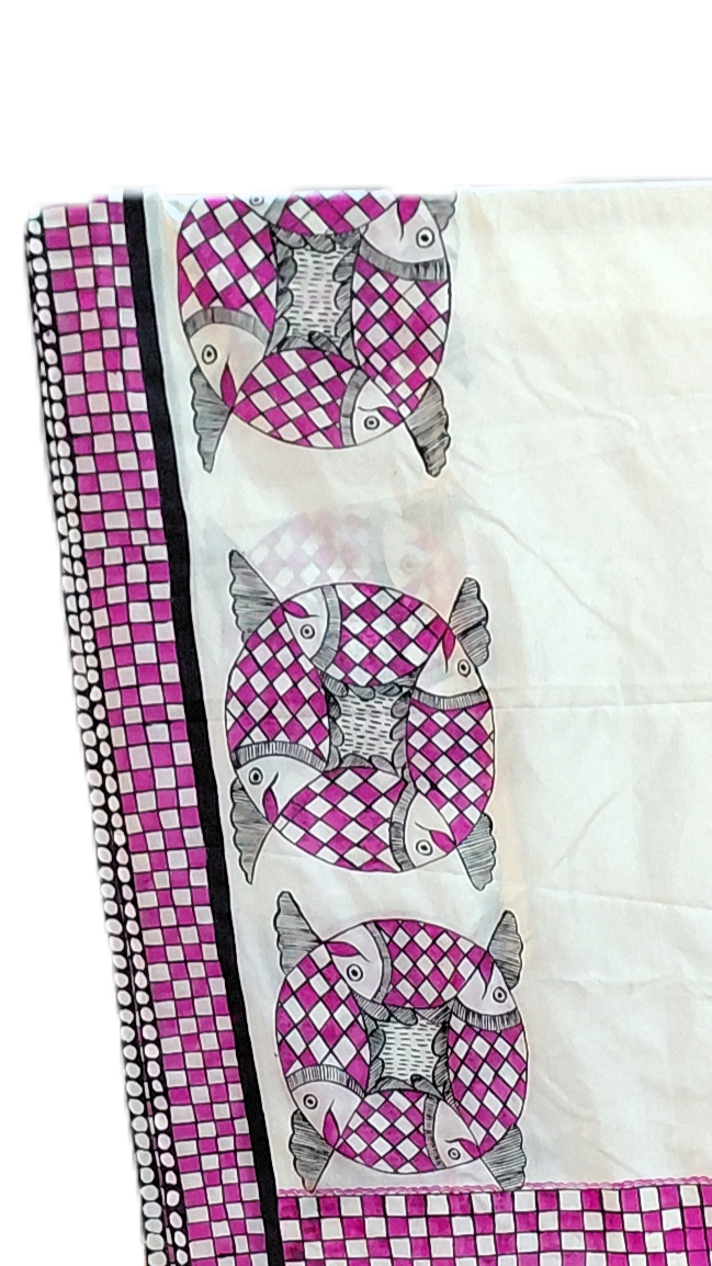 Off White Pure Silk Madhubani Saree | Heirloom Mithila Art | Rangika Studio