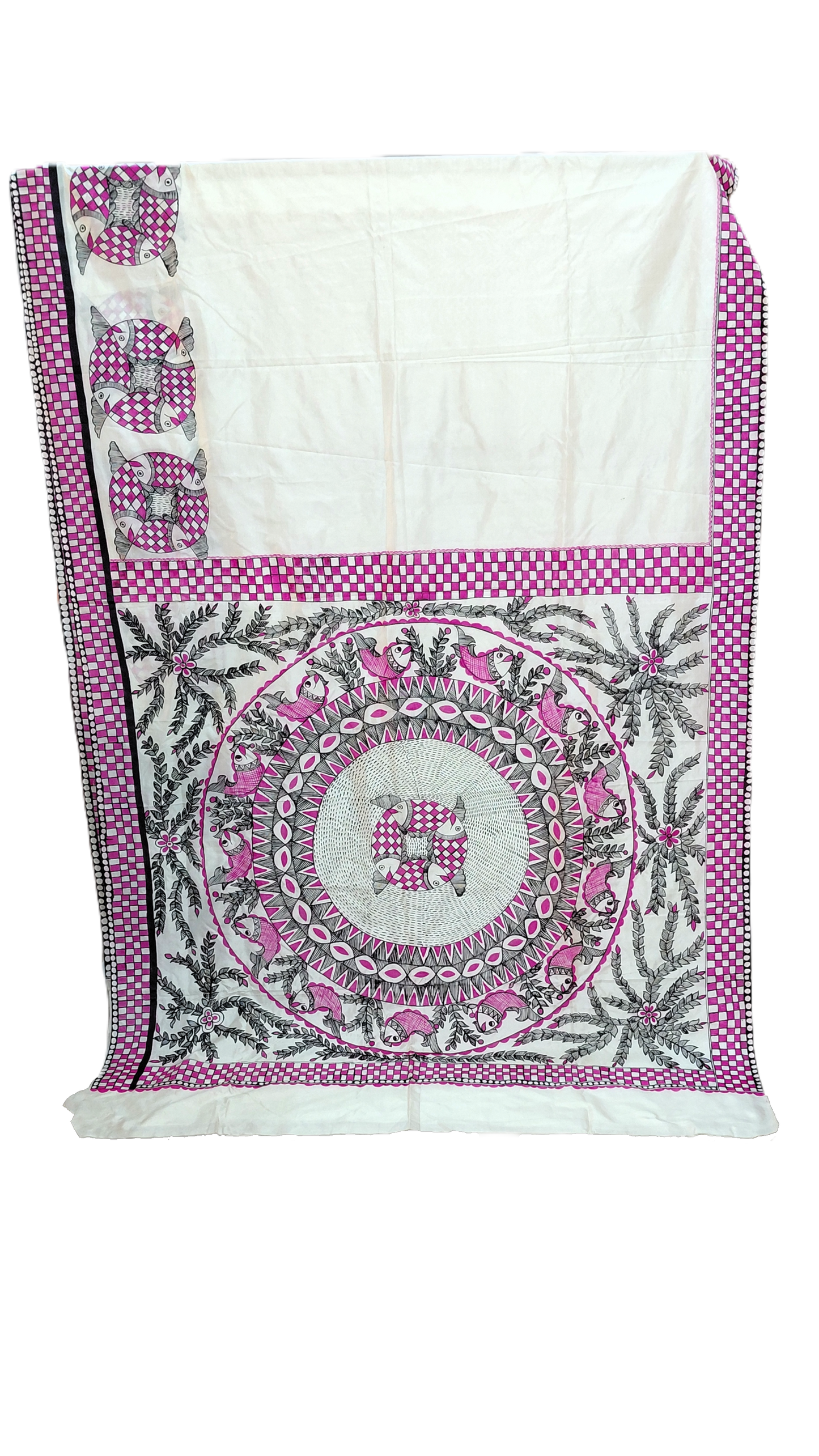 Off White Pure Silk Madhubani Saree | Heirloom Mithila Art | Rangika Studio