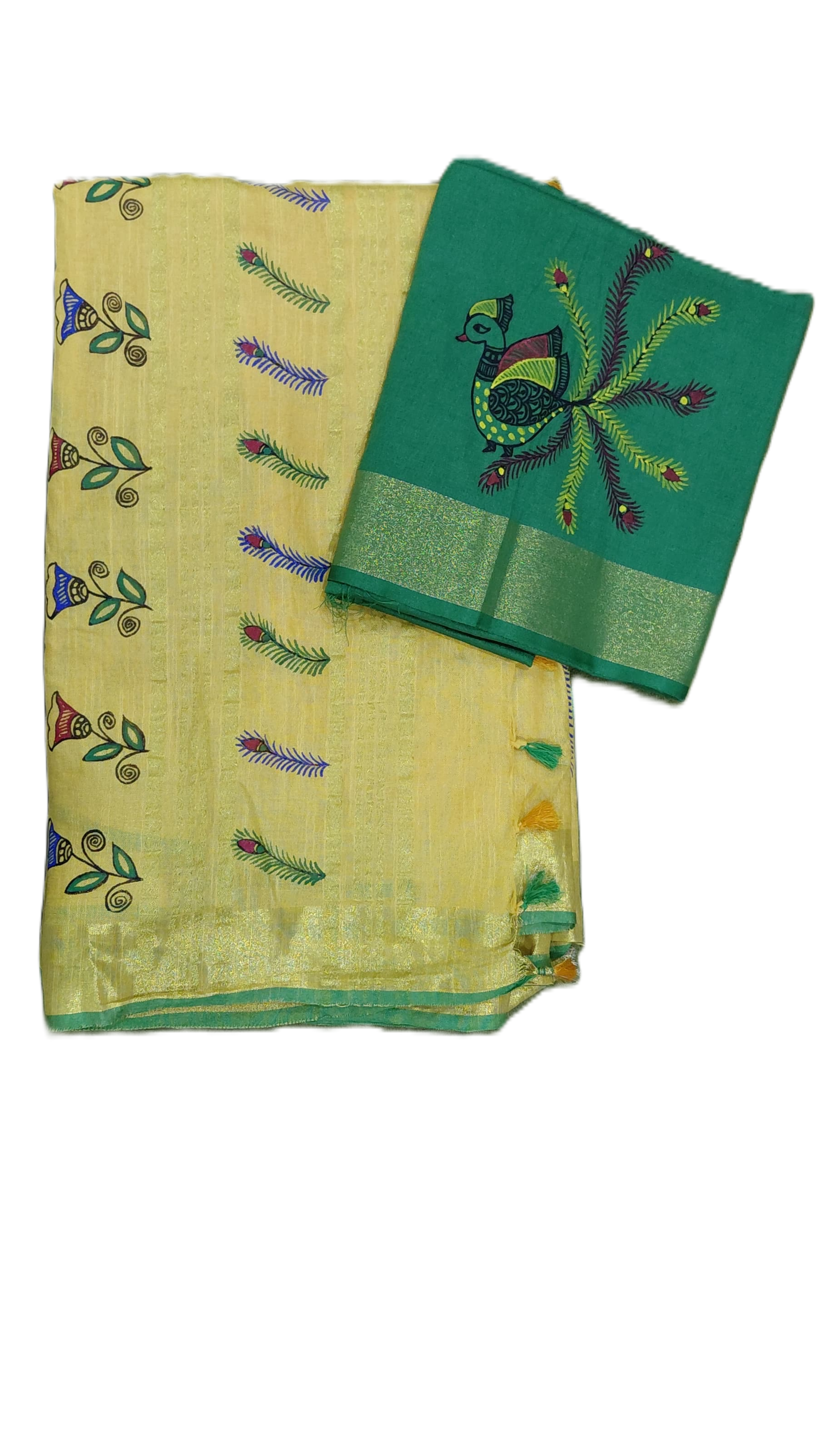 Hand painted Madhubani art yellow linen saree with green blouse piece
