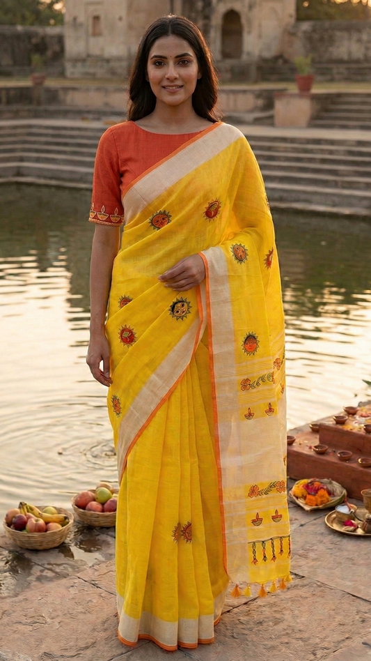 ⭐ Mustard Linen Madhubani Saree | Rangika Studio