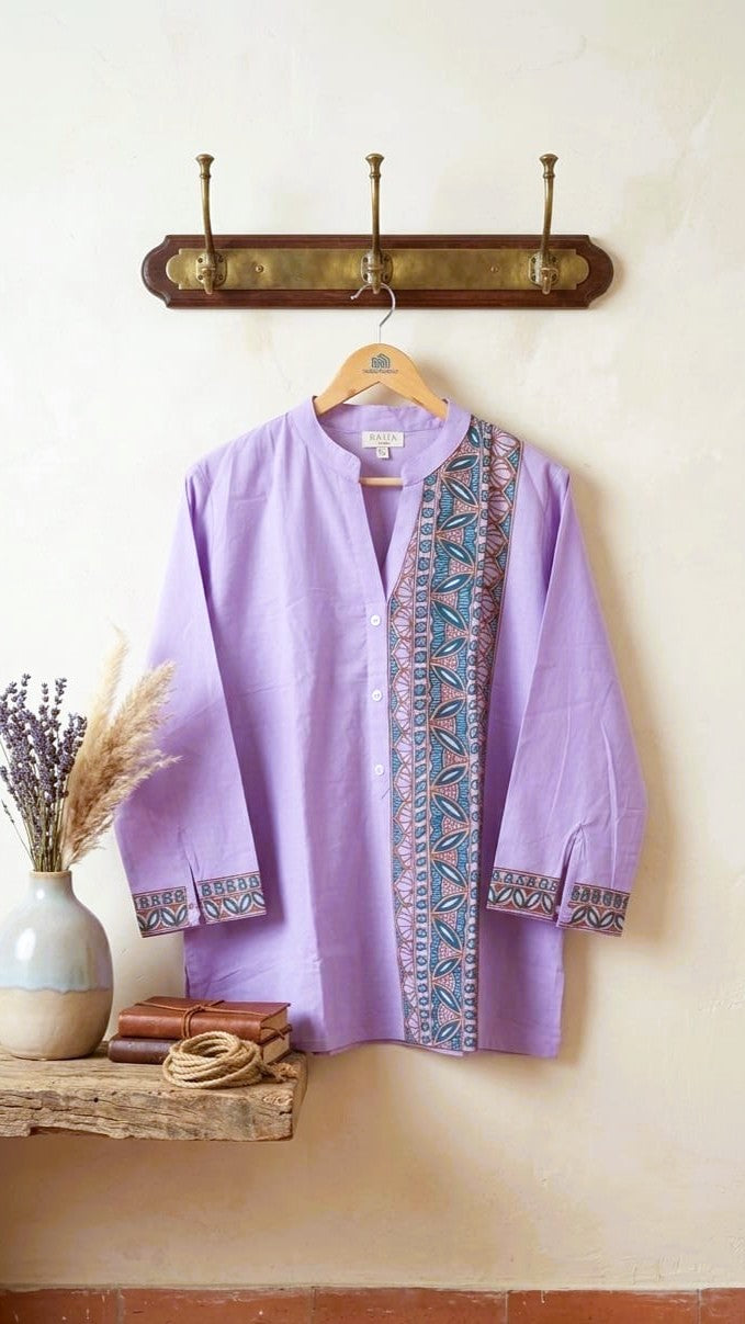 Lavender Pure Cotton Hand-Painted Madhubani Floral Short Kurta