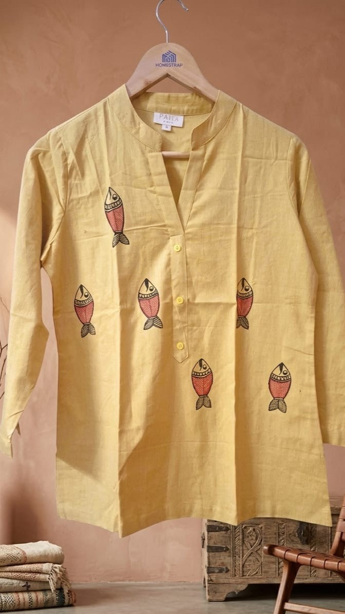 Butter Yellow Pure Cotton Hand-Painted Madhubani Nature Motif Short Kurta