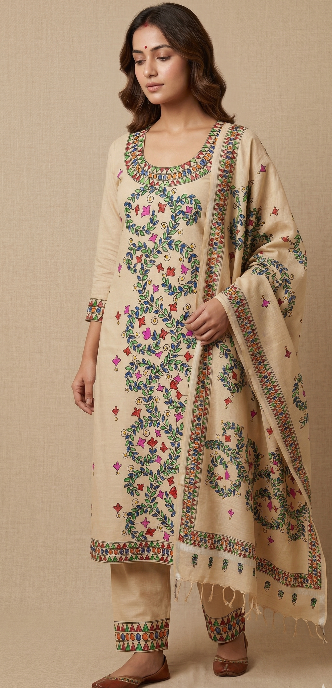 beige hand-painted Madhubani suit with dupatta
